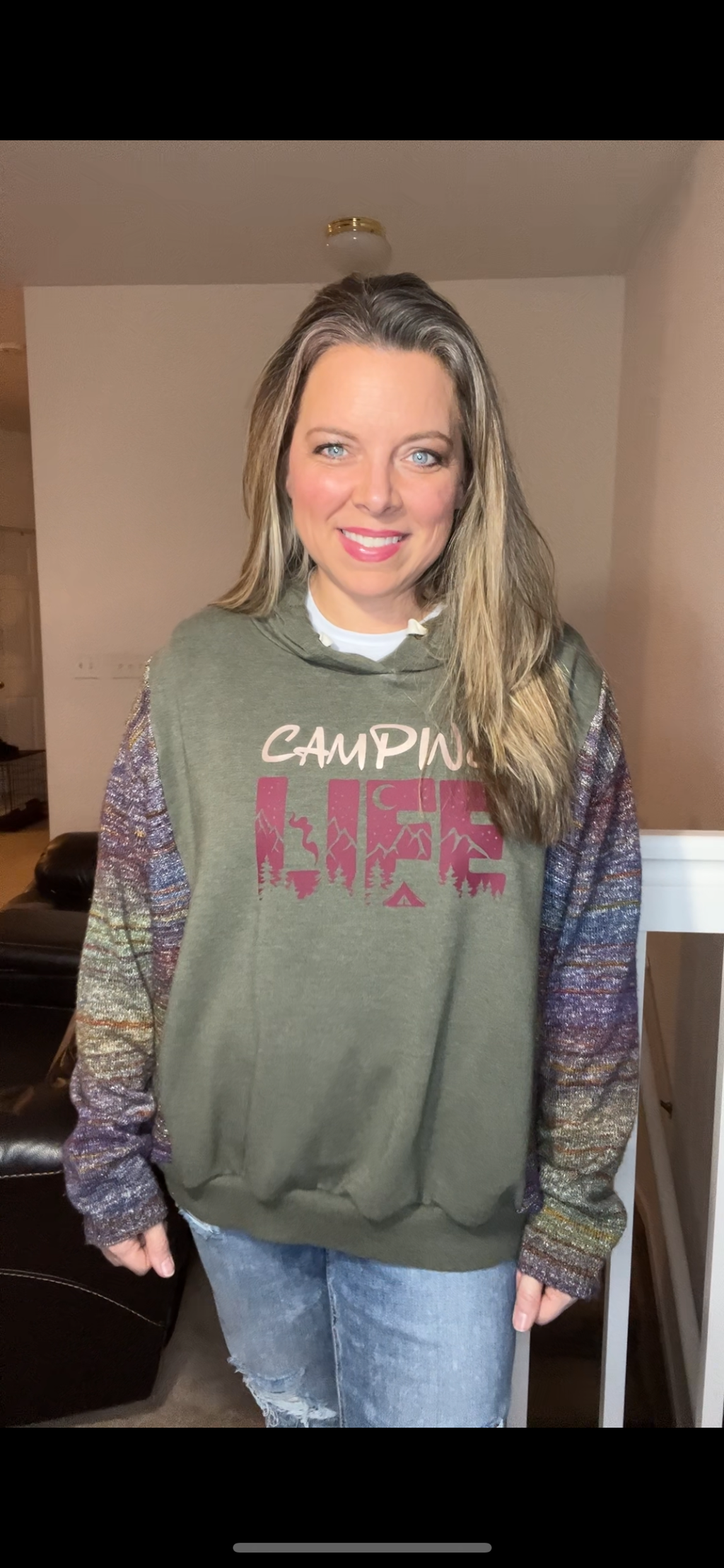 Upcycled Camping Life – women’s L/XL – midweight sweatshirt with soft sweater sleeves￼