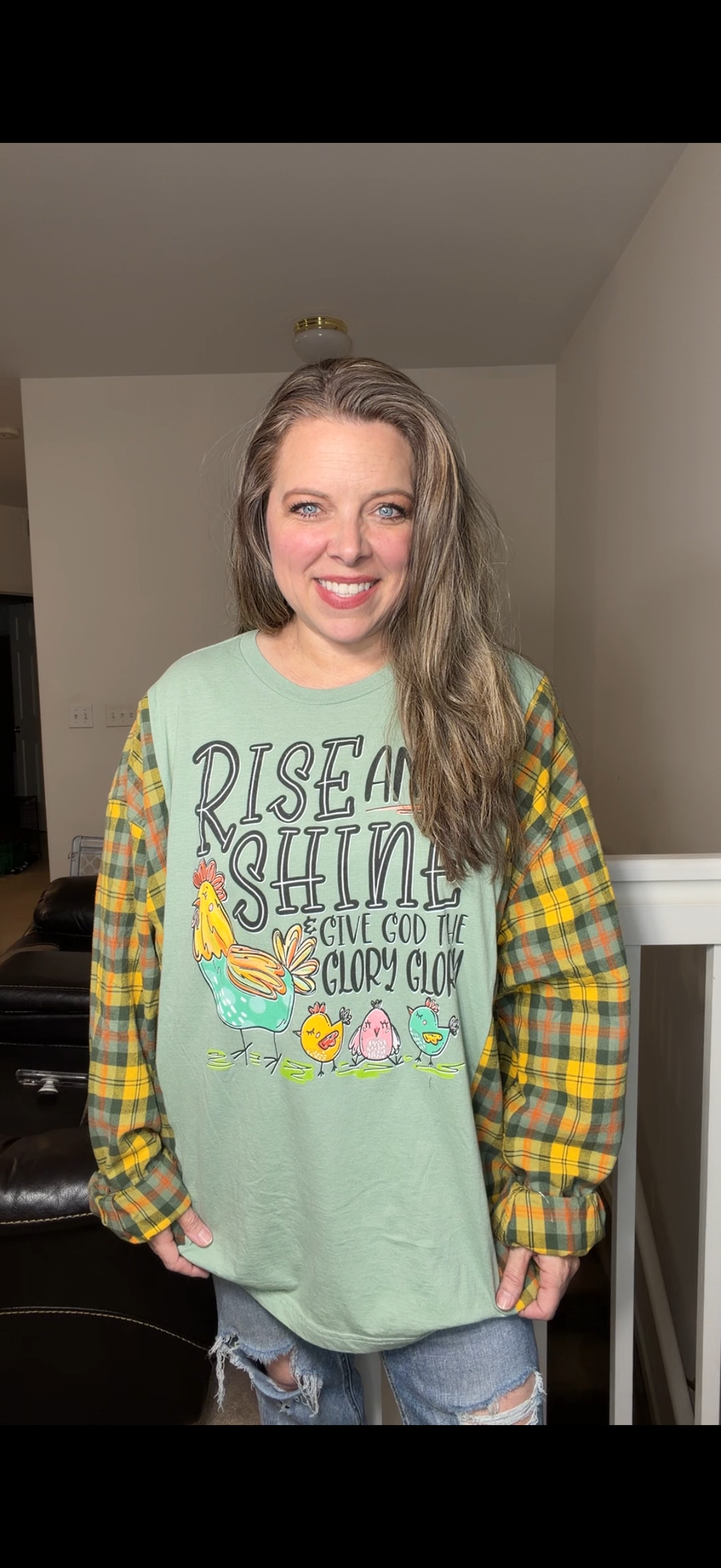 Upcycled Rise and Shine – women's 4X/5X T-shirt with flannel sleeves ￼
