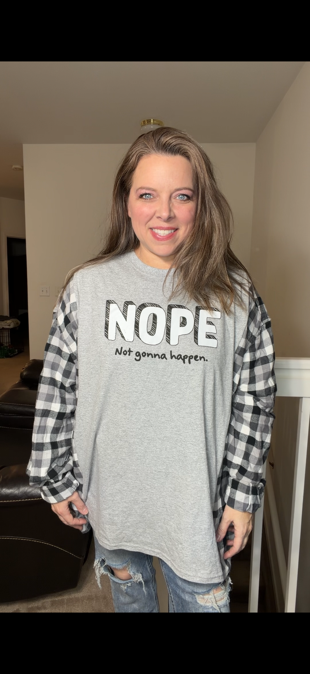 Upcycled Nope - women's 4X T-shirt with flannel sleeves