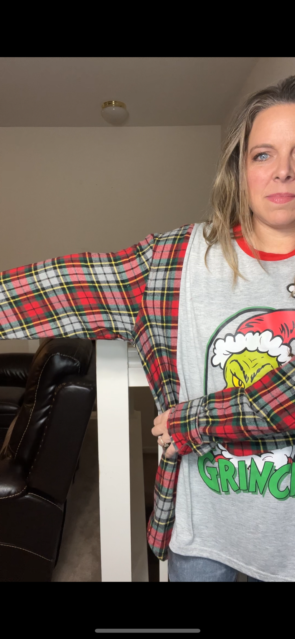 Upcycled Grinch gray – women's 3X – T-shirt with flannel sleeves ￼