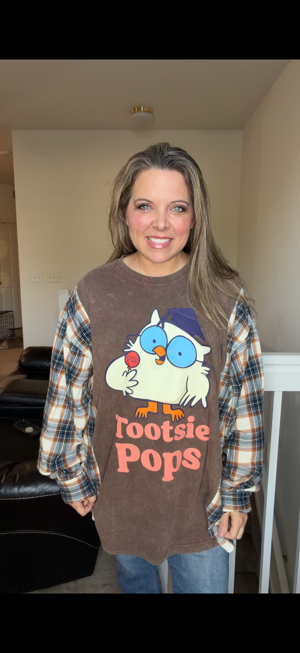 Upcycled Tootsie - women's 4X T-shirt with flannel sleeves