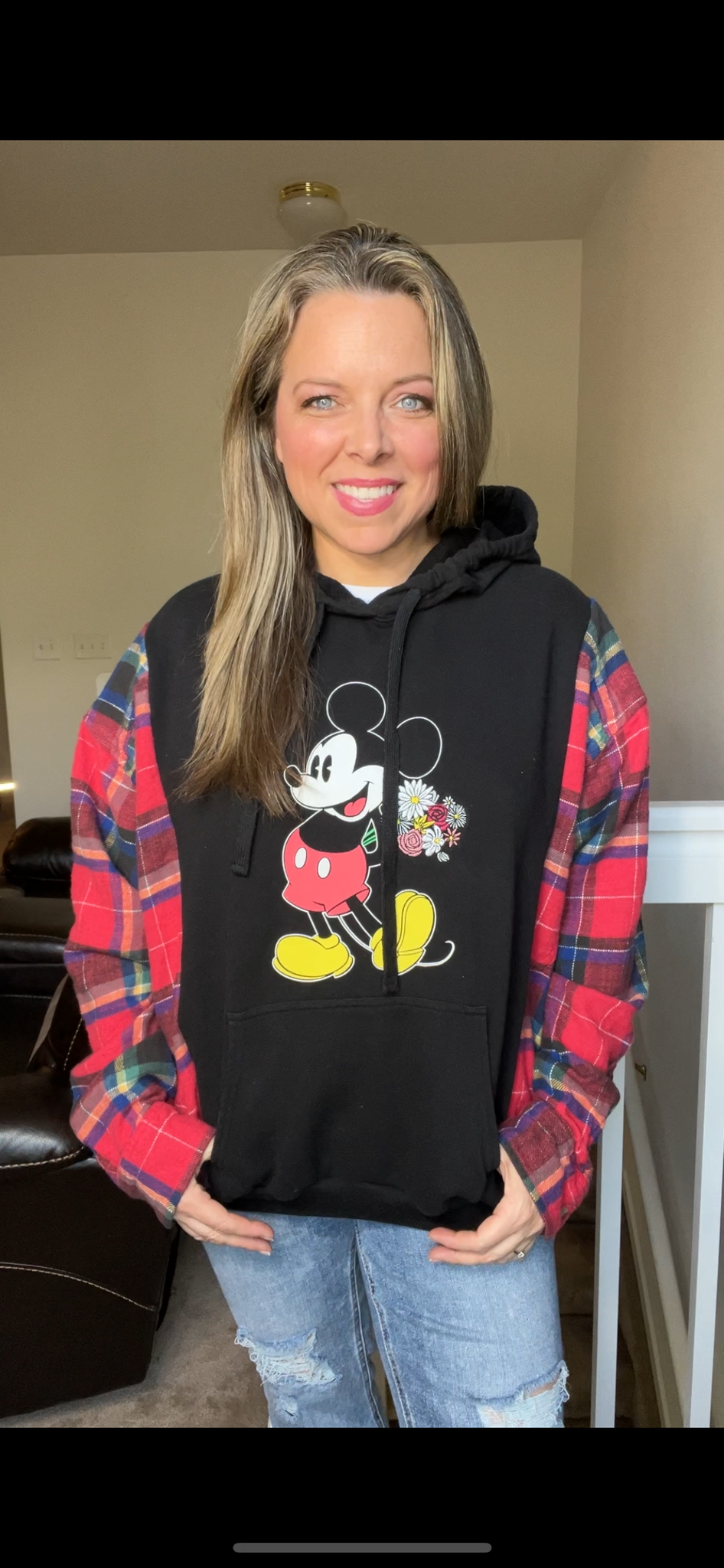 Upcycled Mickey Flowers – women’s L/XL midweight sweatshirt with flannel sleeves￼