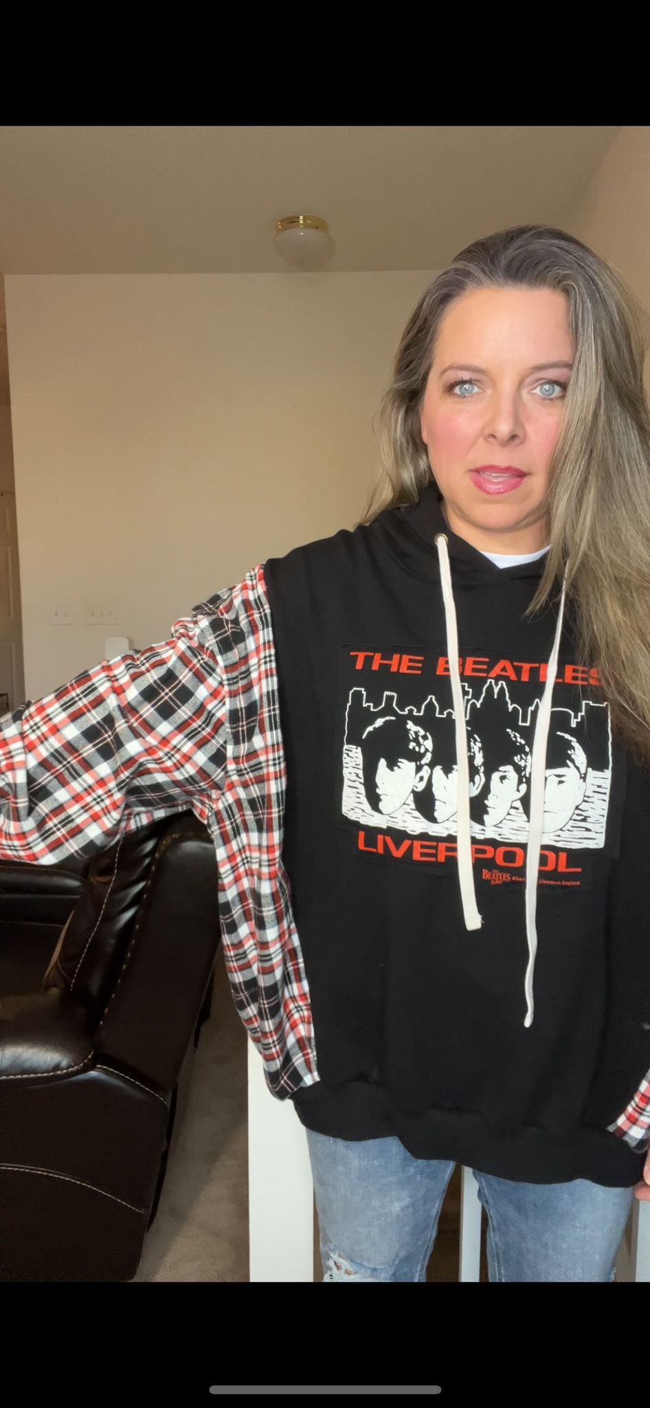 Upcycled Beatles – women’s 2X/3X – Midway sweatshirt with flannel sleeves￼
