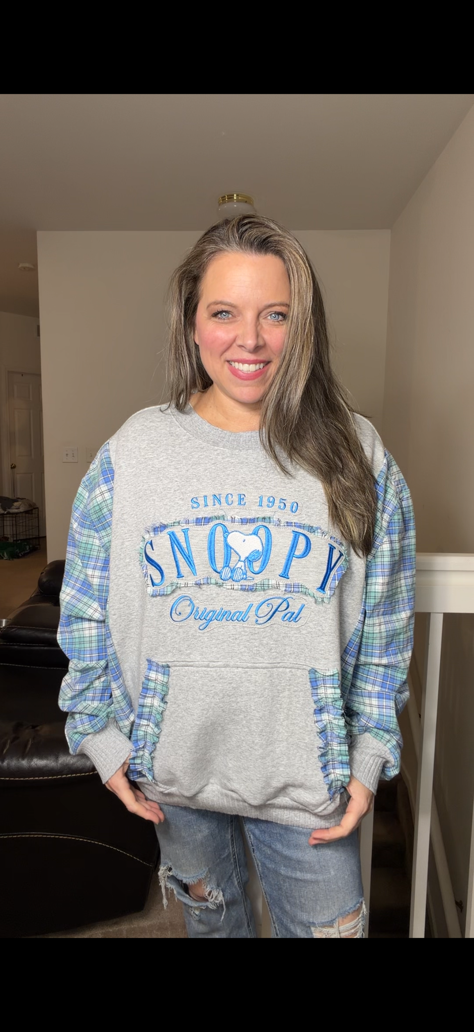 Upcycled Snoopy blue – women's 2X midweight sweatshirt with flannel sleeve