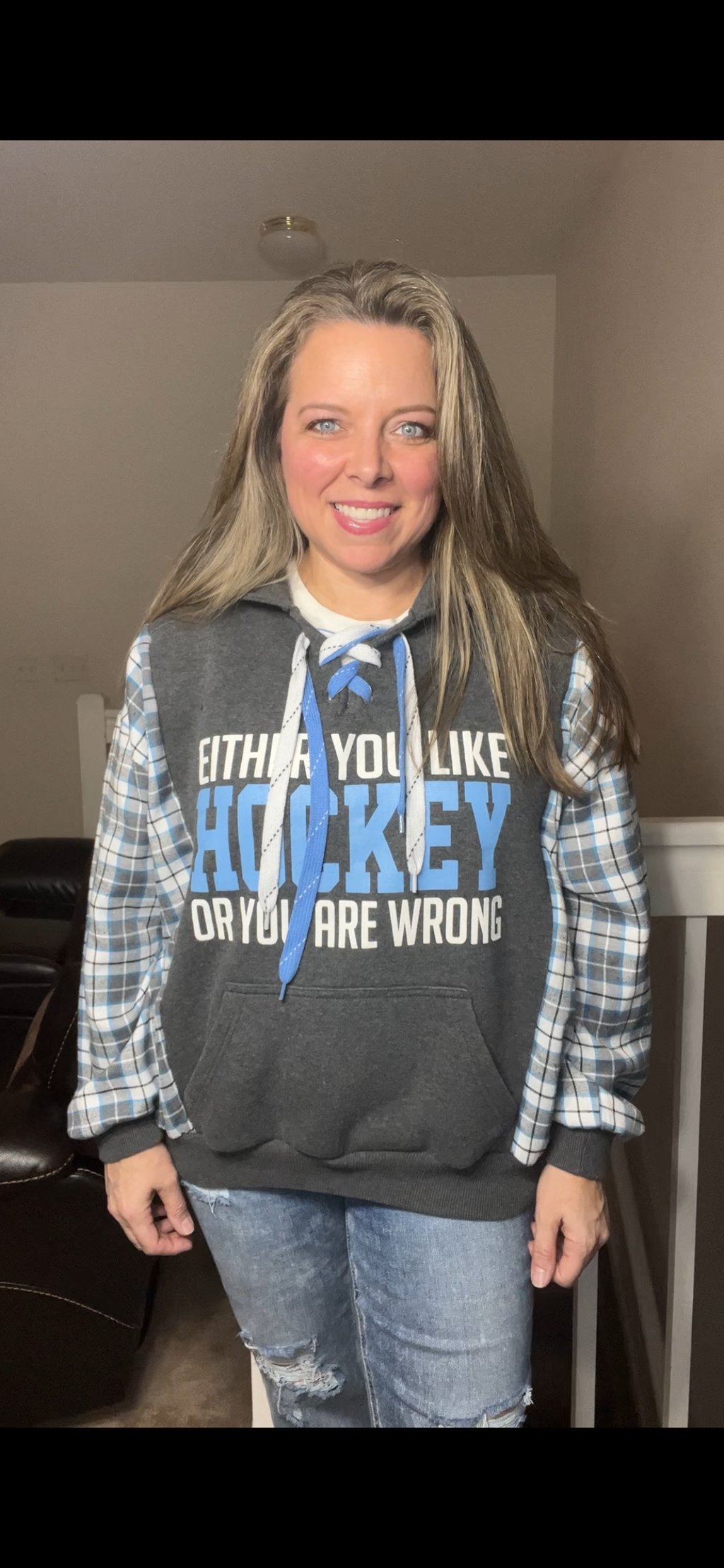 Upcycled Hockey – women’s medium – midweight sweatshirt with flannel sleeves￼