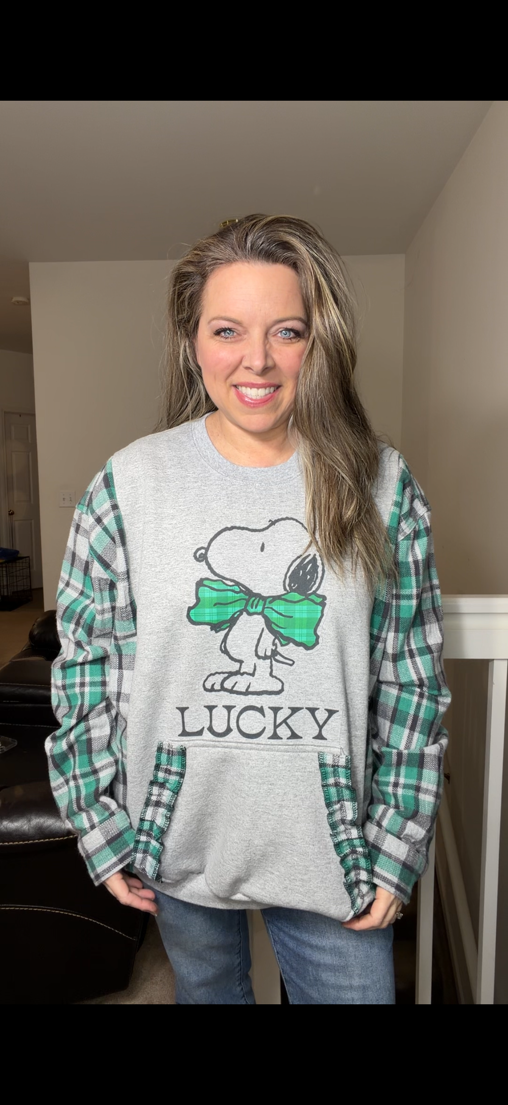 Upcycled Lucky snoopy - women's 2X/3X midweight sweatshirt with thick flannel sleeves