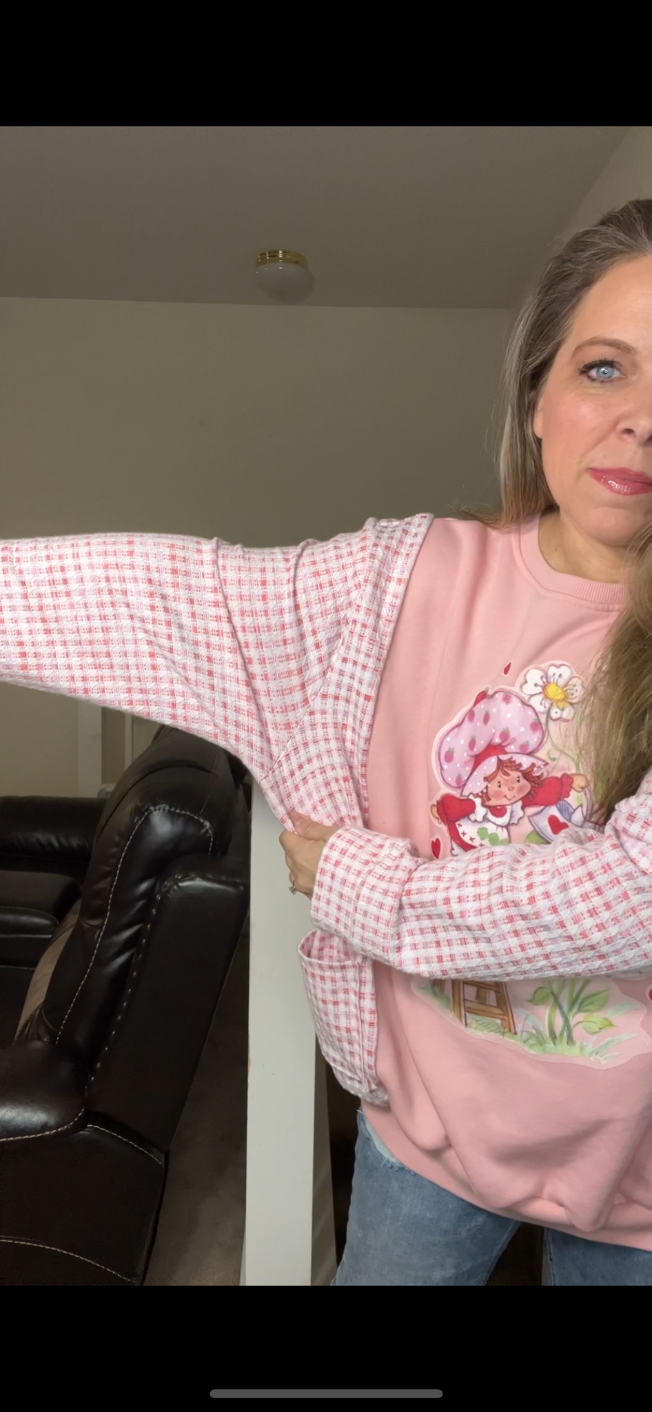 Upcycled Strawberry shortcake – women’s 2X midweight sweatshirt with stretchy sleeves