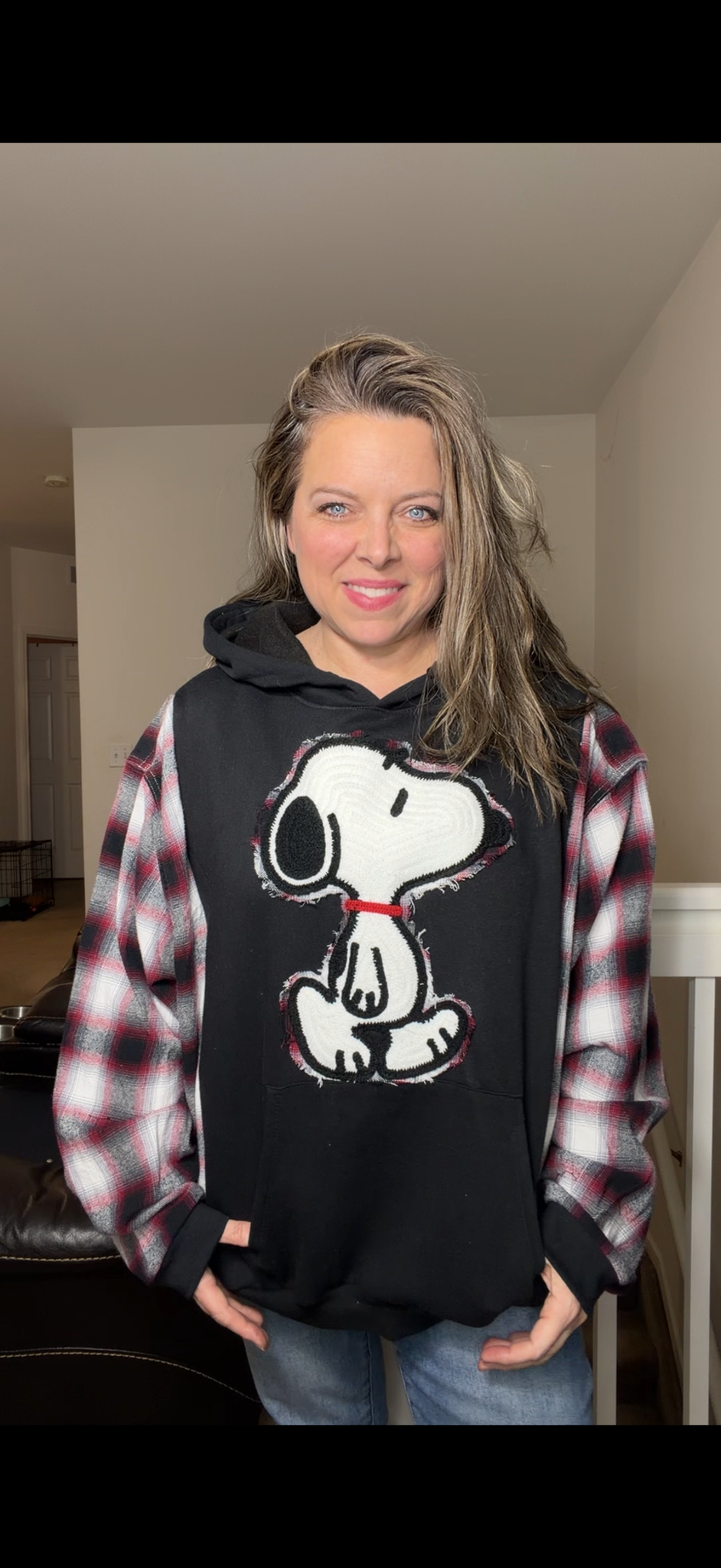 Upcycled Snoopy - women's 2X midweight sweatshirt with flannel sleeves