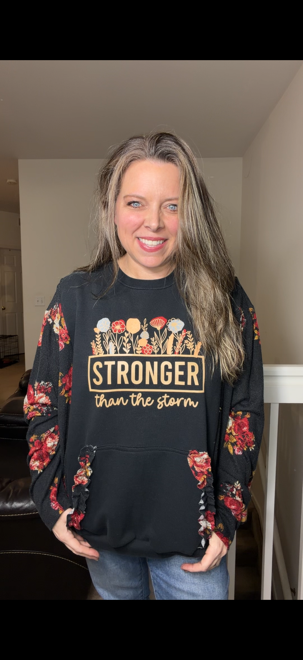 Upcycled Stronger - women's 2X midweight sweatshirt with knit stretch sleeves