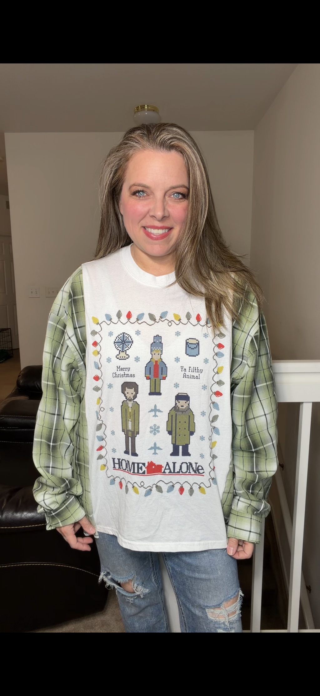 Upcycled Home Alone - woman's XL t-shirt with cotton sleeves
