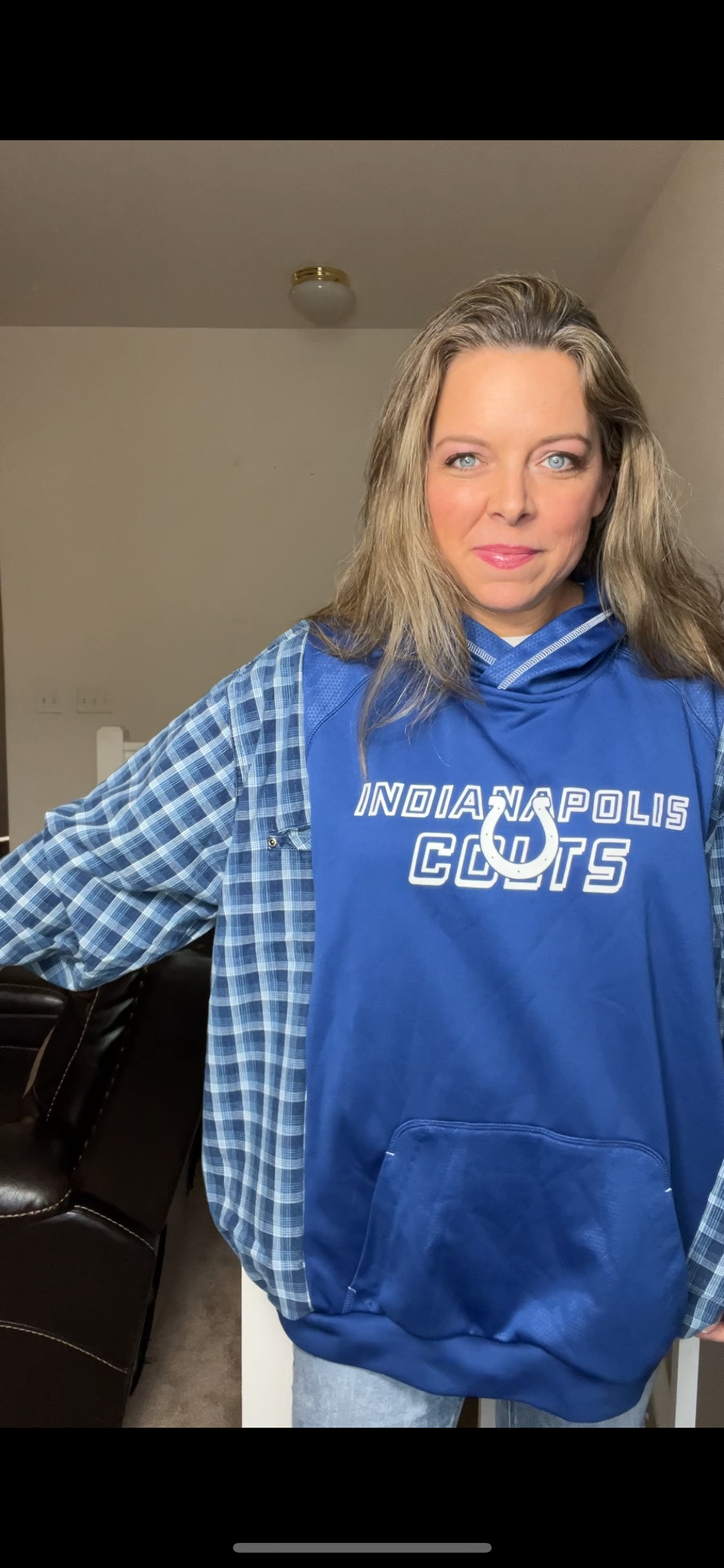 Upcycled Colts – women’s 2X/3X – midweight sweatshirt with flannel sleeves￼