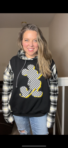 Upcycled Mickey Mouse – women’s XL/1X – midweight sweatshirt with flannel sleeves – sleeves more fitted