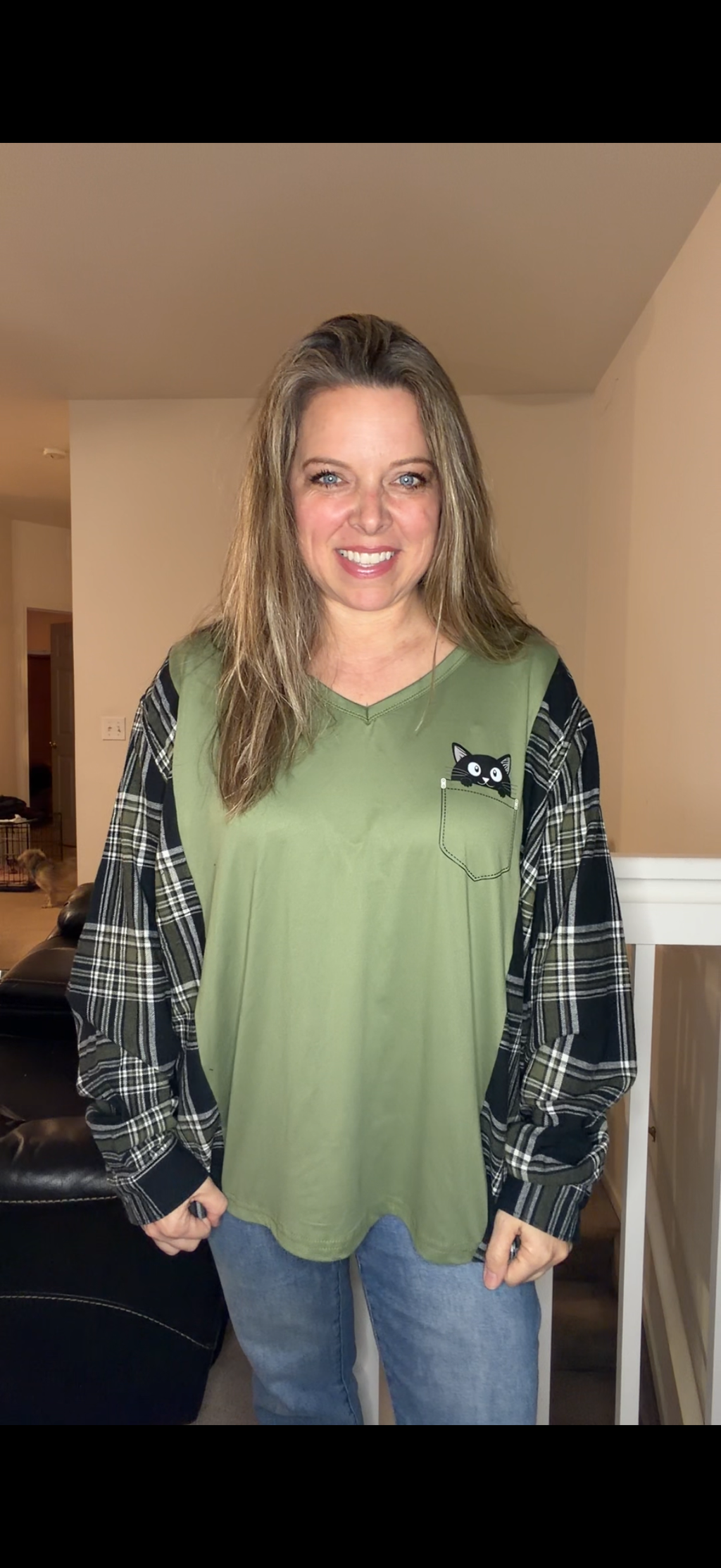 Upcycled Cat - women's 1X/2X T-shirt with flannel sleeves