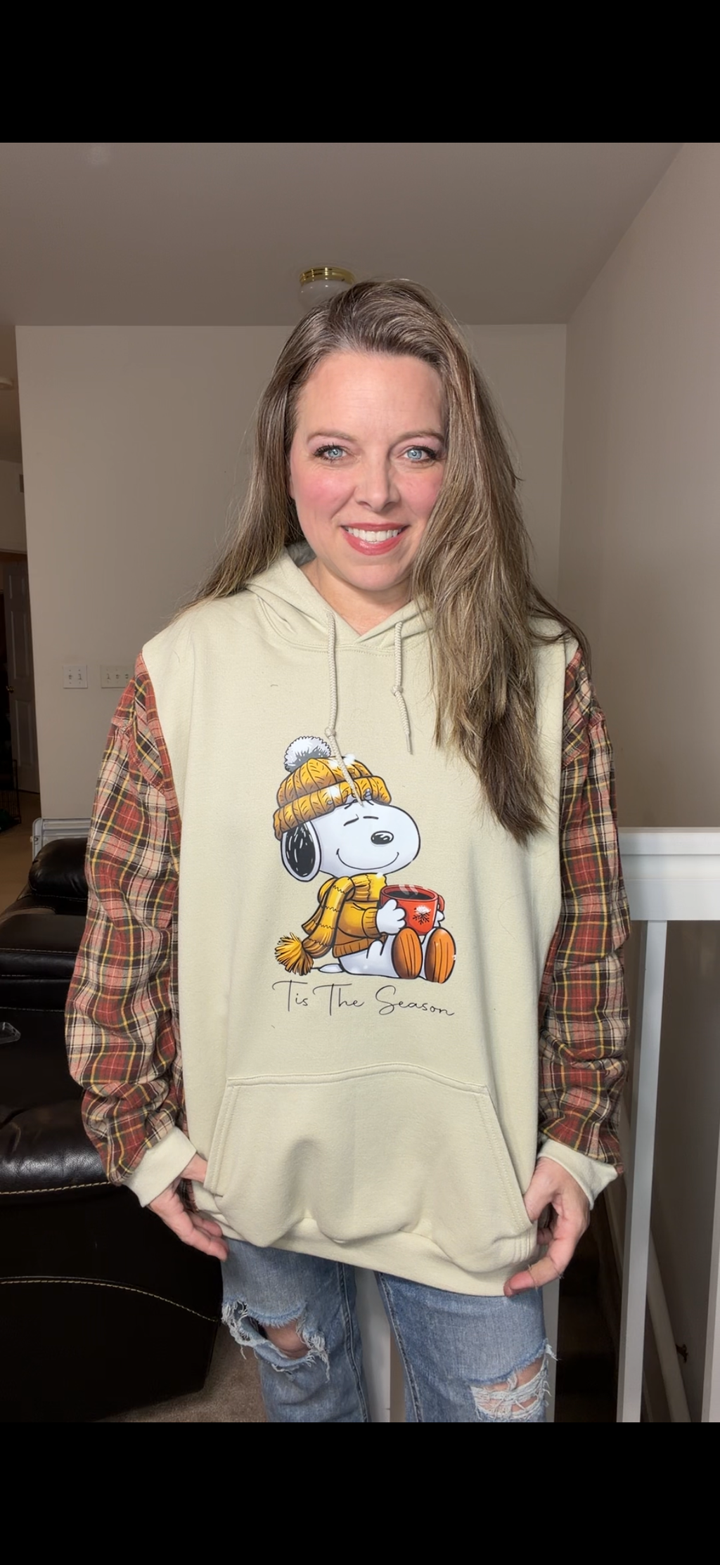 Upcycled Snoopy - women's 3X midweight sweatshirt with flannel sleeves