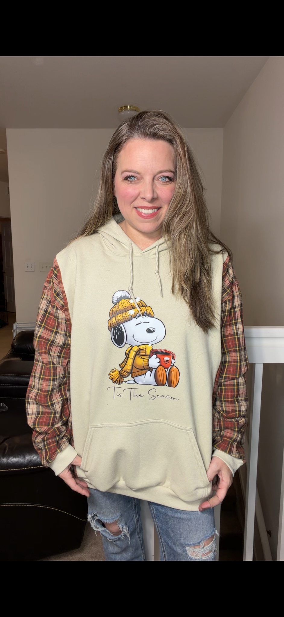 Upcycled Snoopy - women's 3X midweight sweatshirt with flannel sleeves