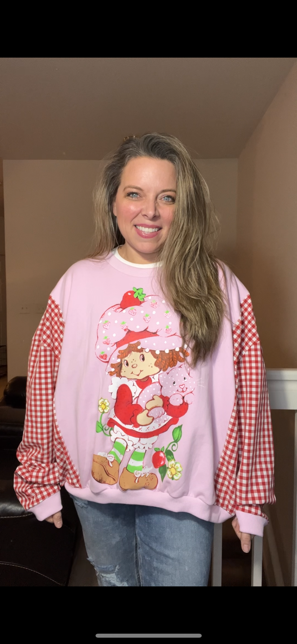 Upcycled Strawberry - woman’s XL - midweight sweatshirt with cotton sleeves