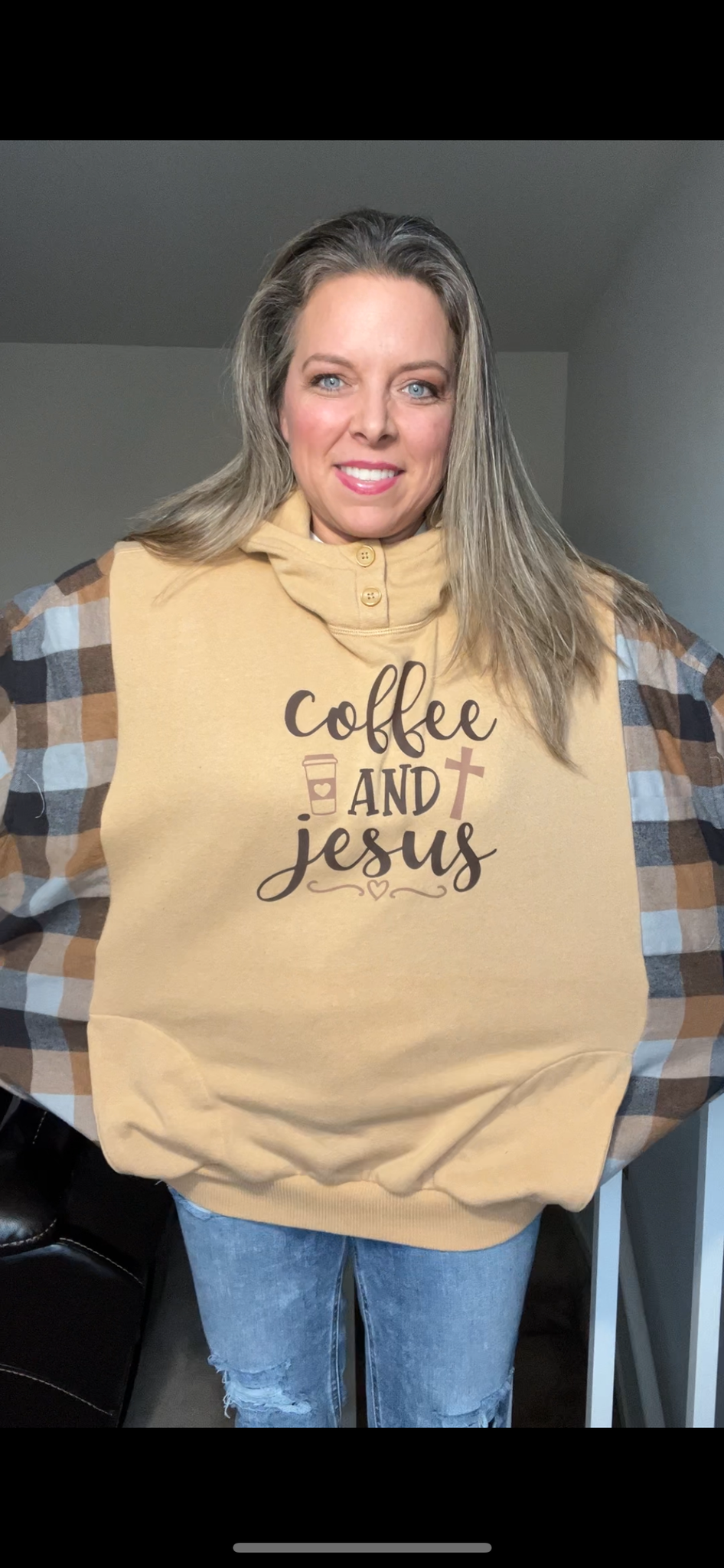 Upcycled Coffee and Jesus – woman’s 2X/3X – soft thick sweatshirt with flannel sleeves￼