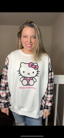 Upcycled Hello Kitty - women’s 2X/3X – midweight sweatshirt with flannel sleeves