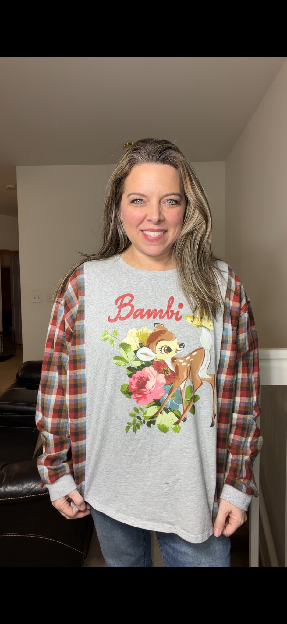 Upcycled Bambi - woman's XL/1X T-shirt with flannel sleeves