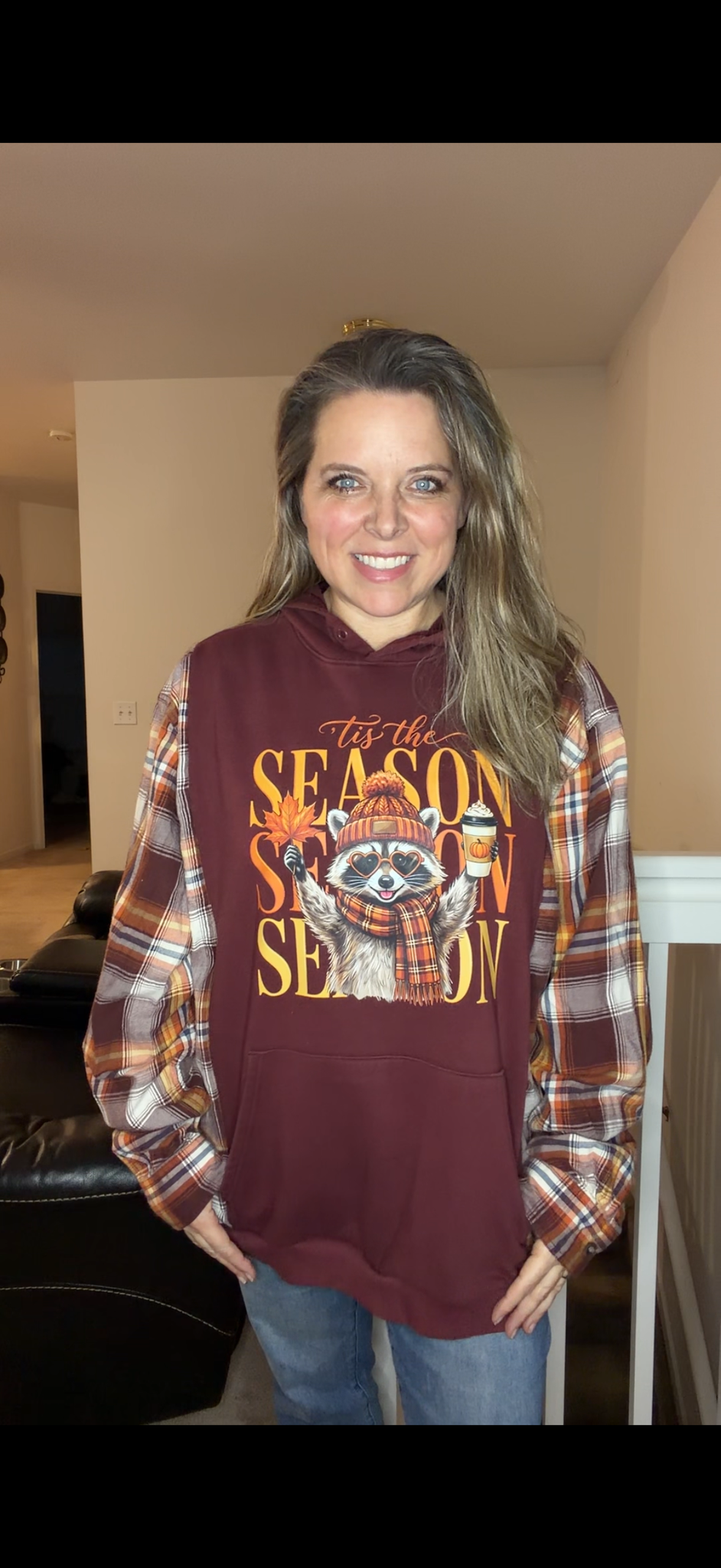 Upcycled Raccoon - women's 3X midweight sweatshirt with flannel sleeves