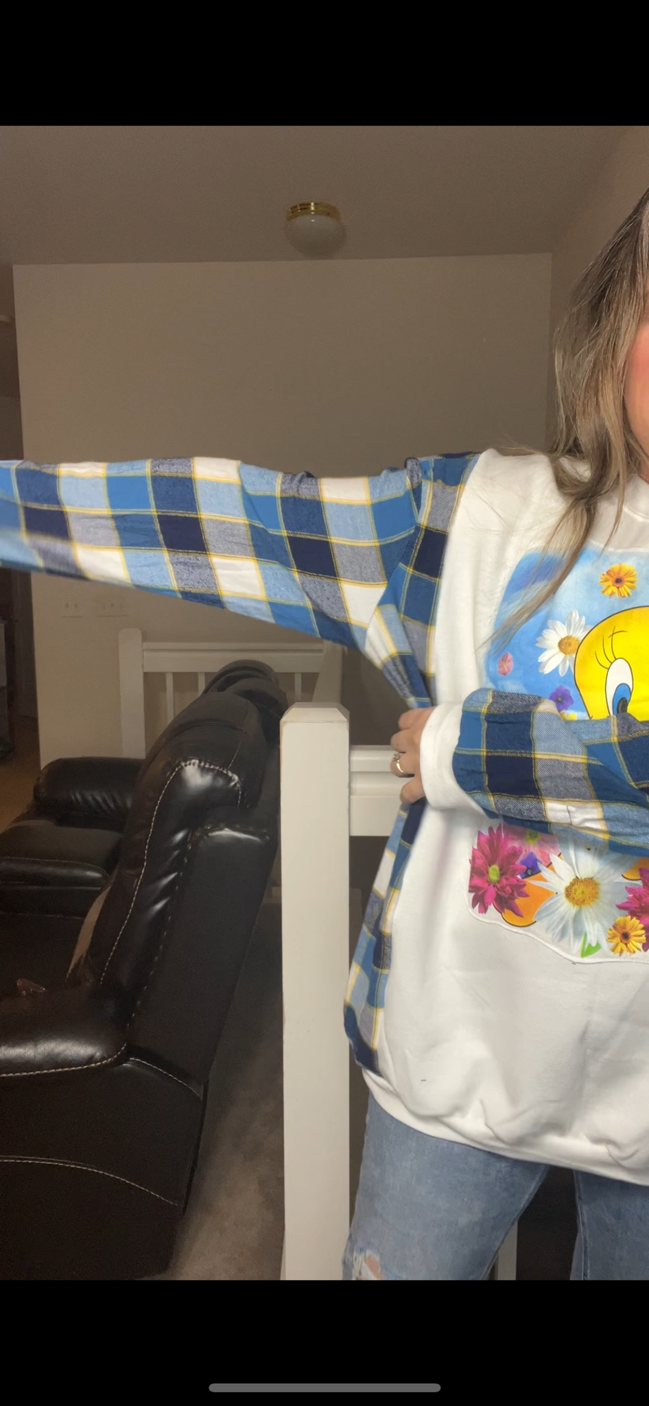 Upcycled Tweety bird – women’s 2X midweight sweatshirt with flannel sleeves