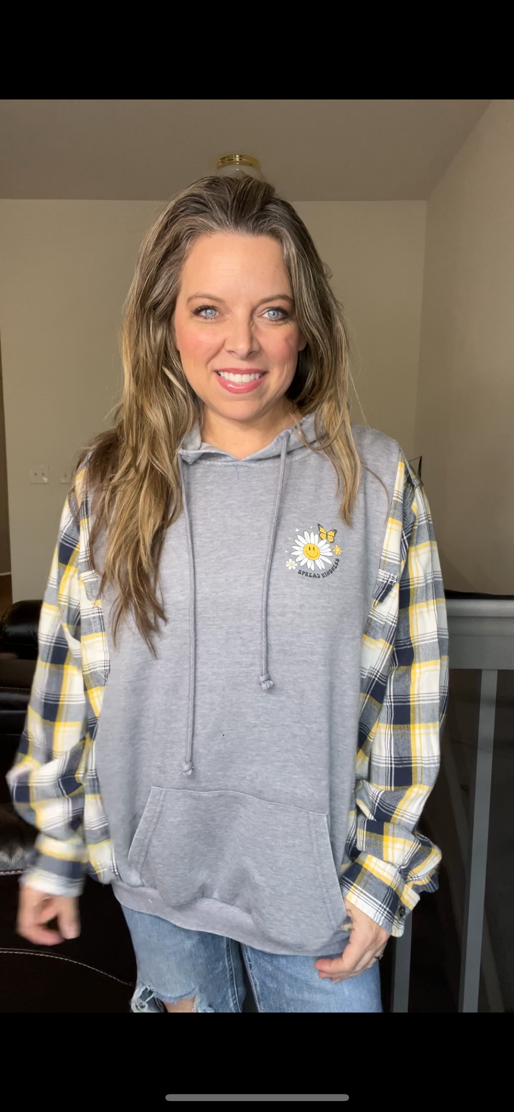 Upcycled Purpose – women’s 1X/2X midweight sweatshirt with flannel sleeves