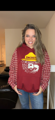 Upcycled Smokey - women's medium/large midweight sweatshirt with flannel sleeves
