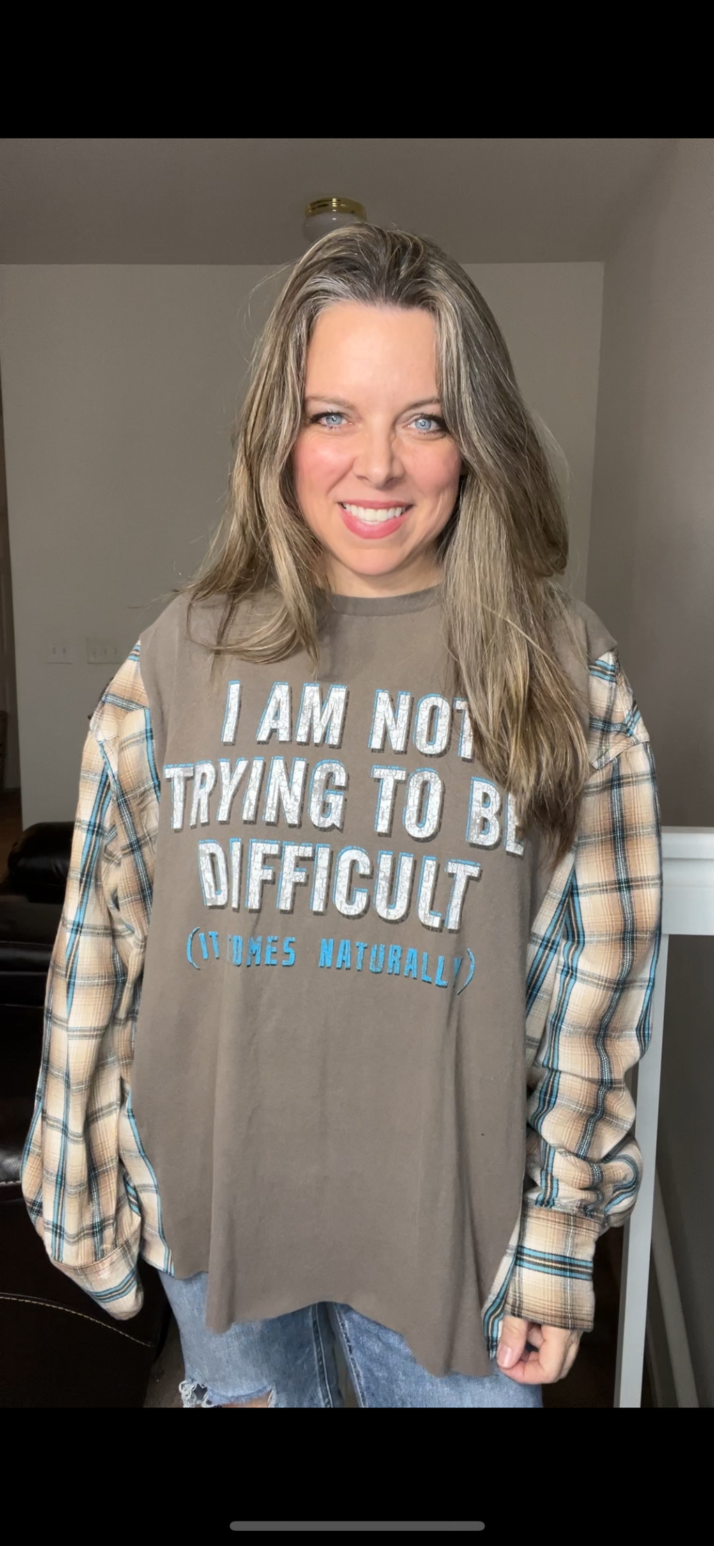 Upcycled Difficult – women’s 2X/3X T-shirt with flannel sleeves