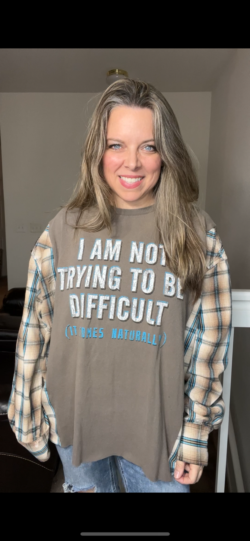 Upcycled Difficult – women’s 2X/3X T-shirt with flannel sleeves