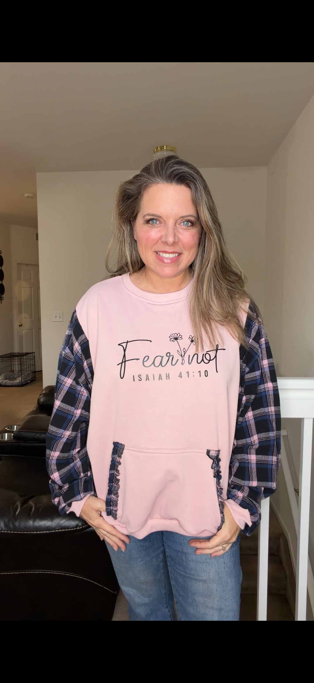 Upcycled Fear Not - women's 2X French Terry sweatshirt with flannel sleeves