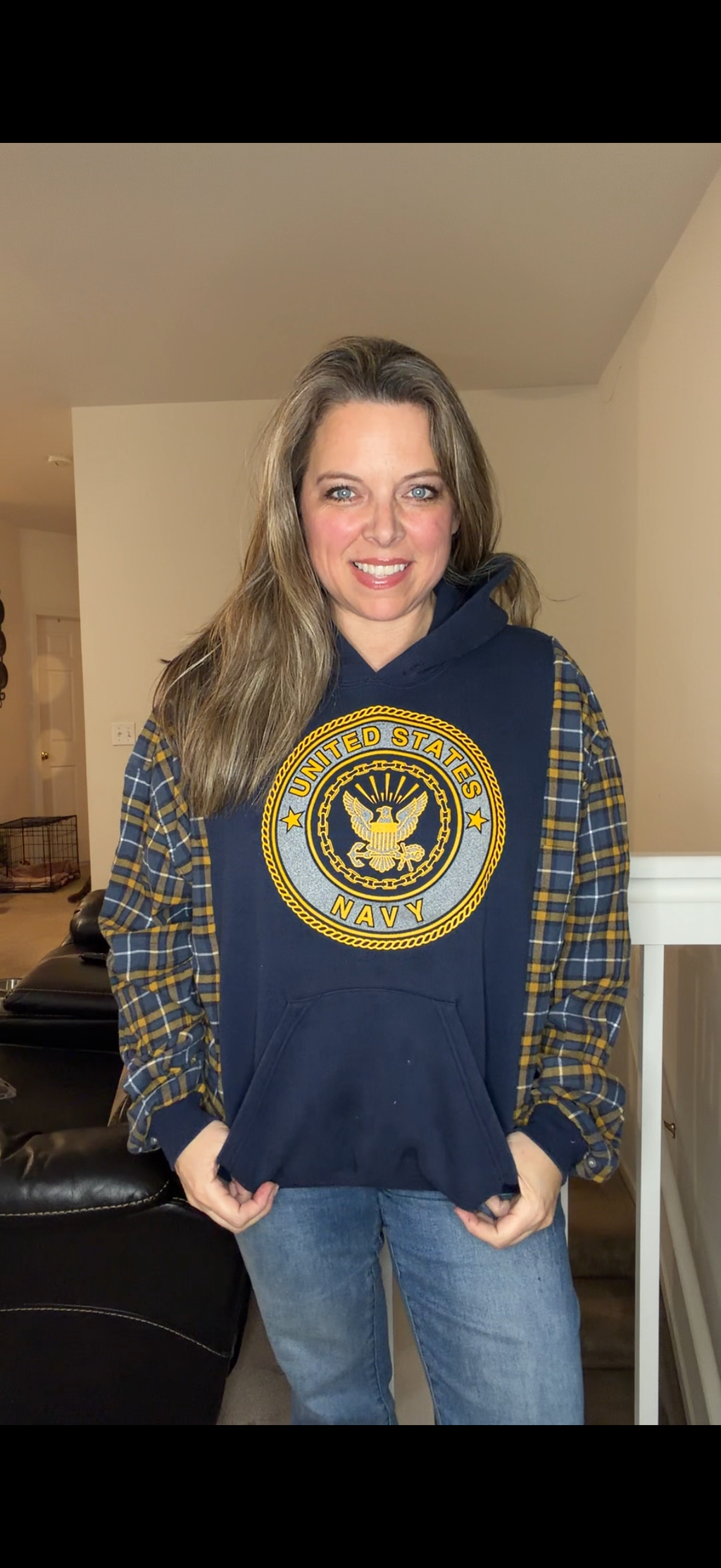 Upcycled Navy - women's medium midweight sweatshirt with flannel sleeves