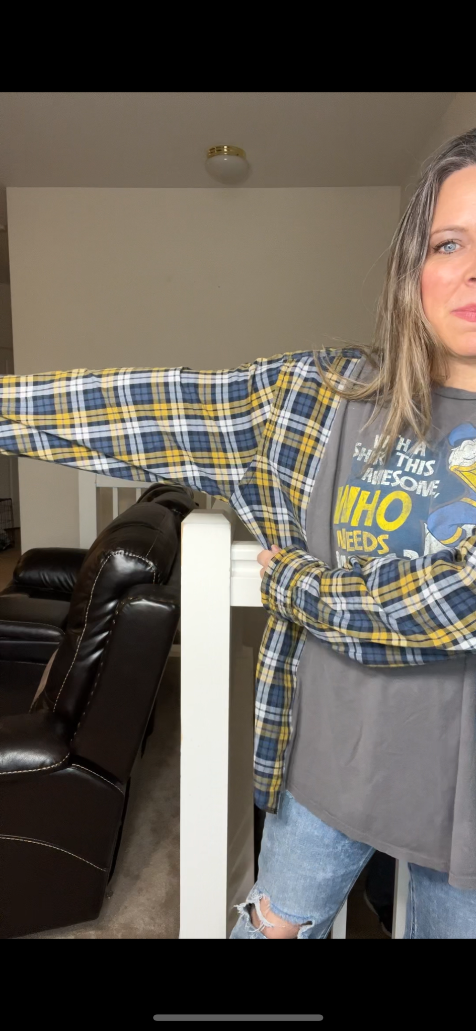 Upcycled Donald duck – women’s 3X T-shirt with flannel sleeves