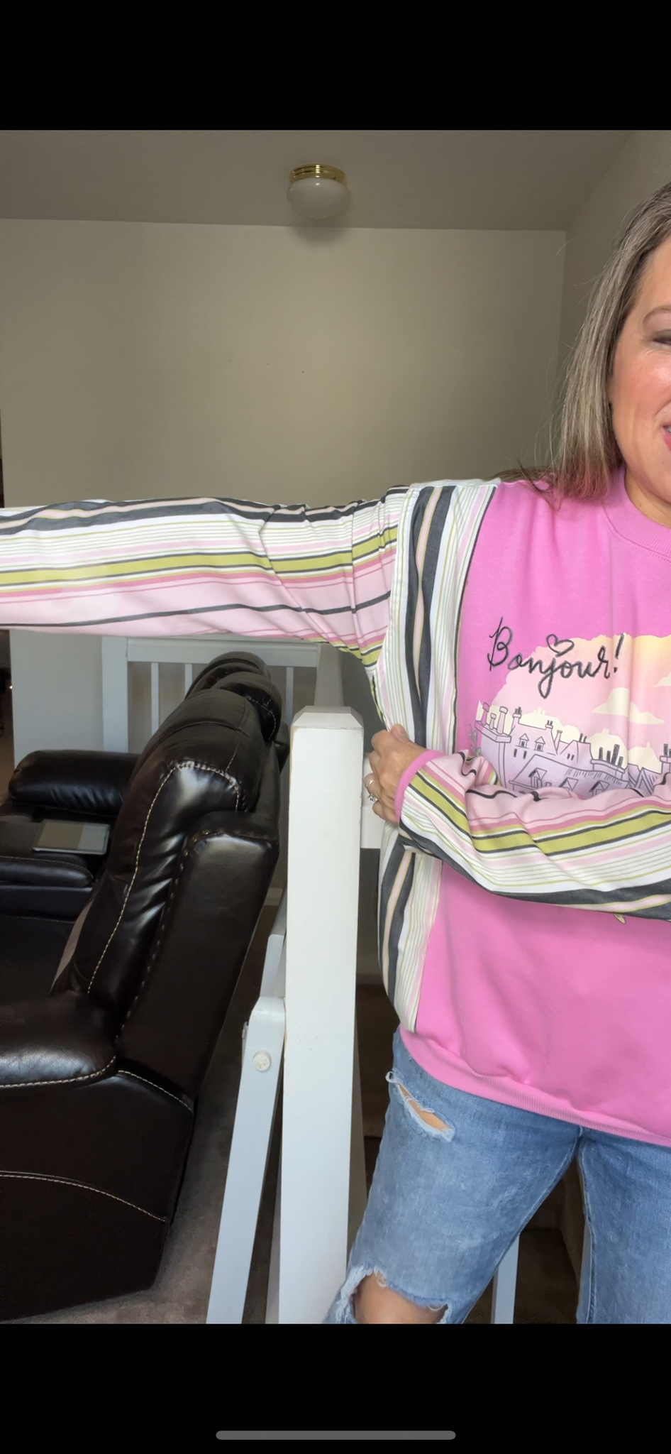 Upcycled Bonjour – women’s small midweight sweatshirt with cotton sleeves – sleeves are fitted