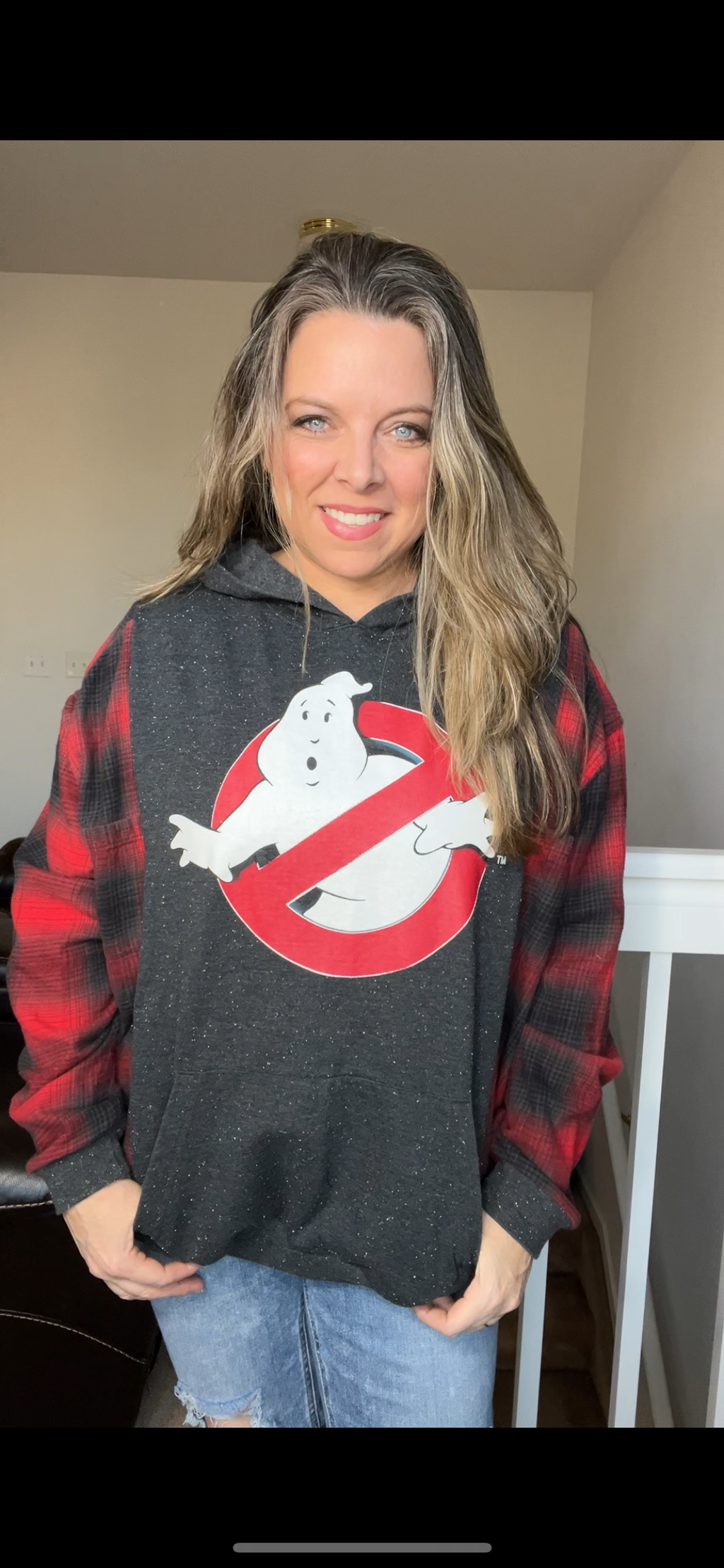 Upcycled Ghostbusters – women’s XL/middleweight sweatshirt with flannel sleeves – sleeves slightly more narrow