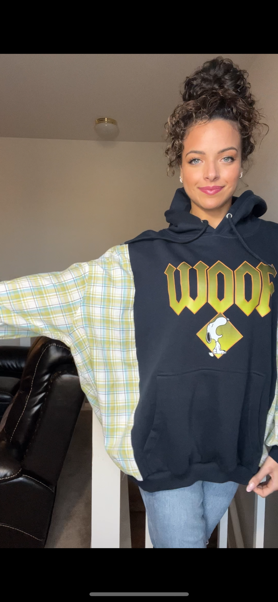Upcycled ￼Woof - Women’s 3X – soft thick sweatshirt with cotton sleeves￼