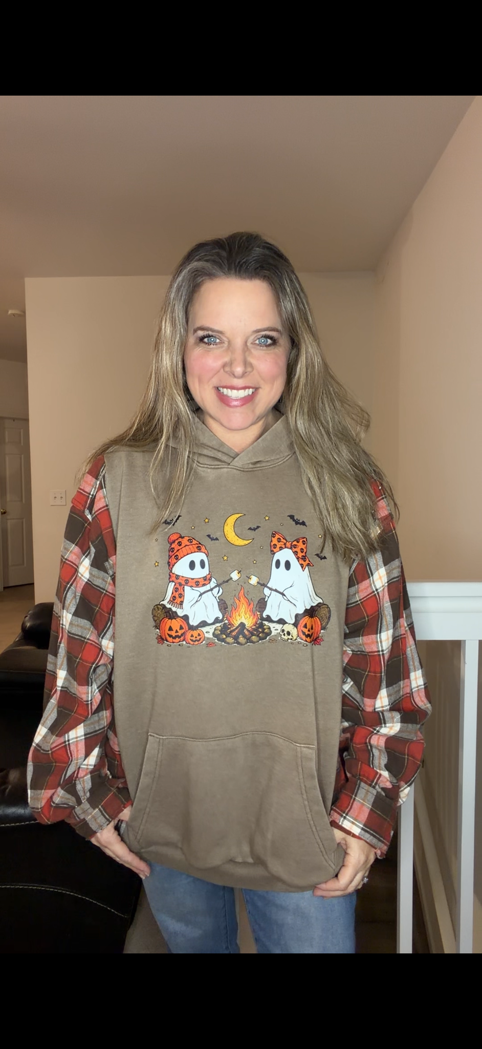 Upcycled Ghosts - women's 4X midweight sweatshirt with flannel sleeves