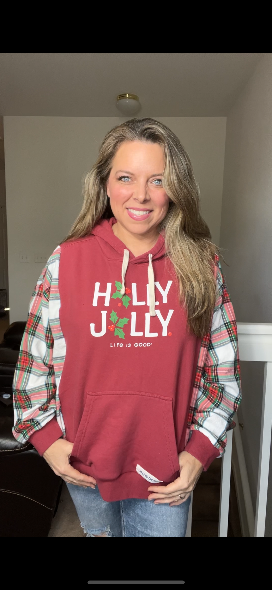 Upcycled Holly Jolly – women’s XL – midweight sweatshirt with flannel sleeves￼