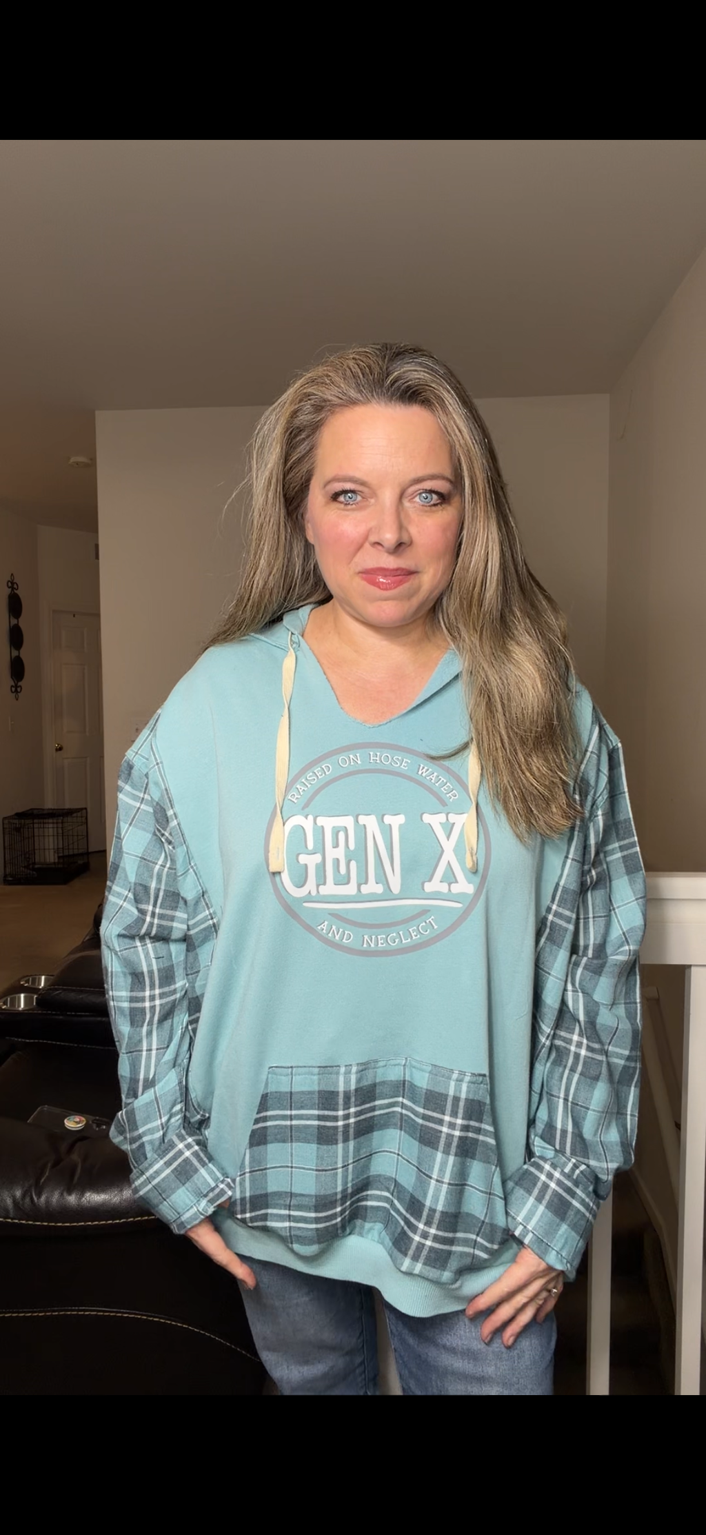 Upcycled Gen X - women's 2X midweight sweatshirts with flannel sleeves