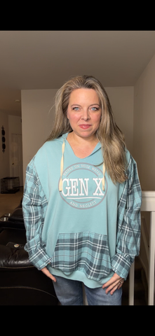 Upcycled Gen X - women's 2X midweight sweatshirts with flannel sleeves