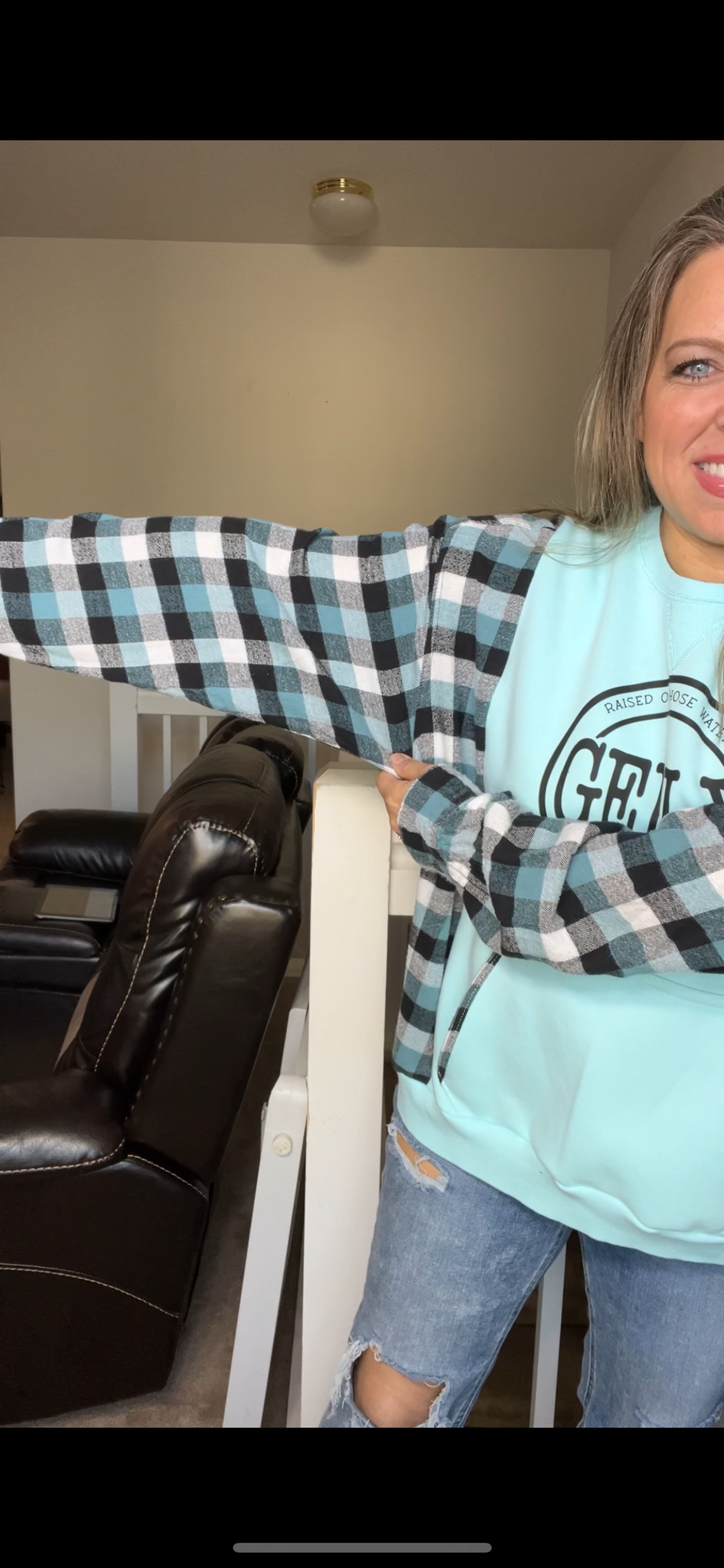Upcycled Gen X blue – women’s XL/OneX midweight sweatshirt with flannel sleeves