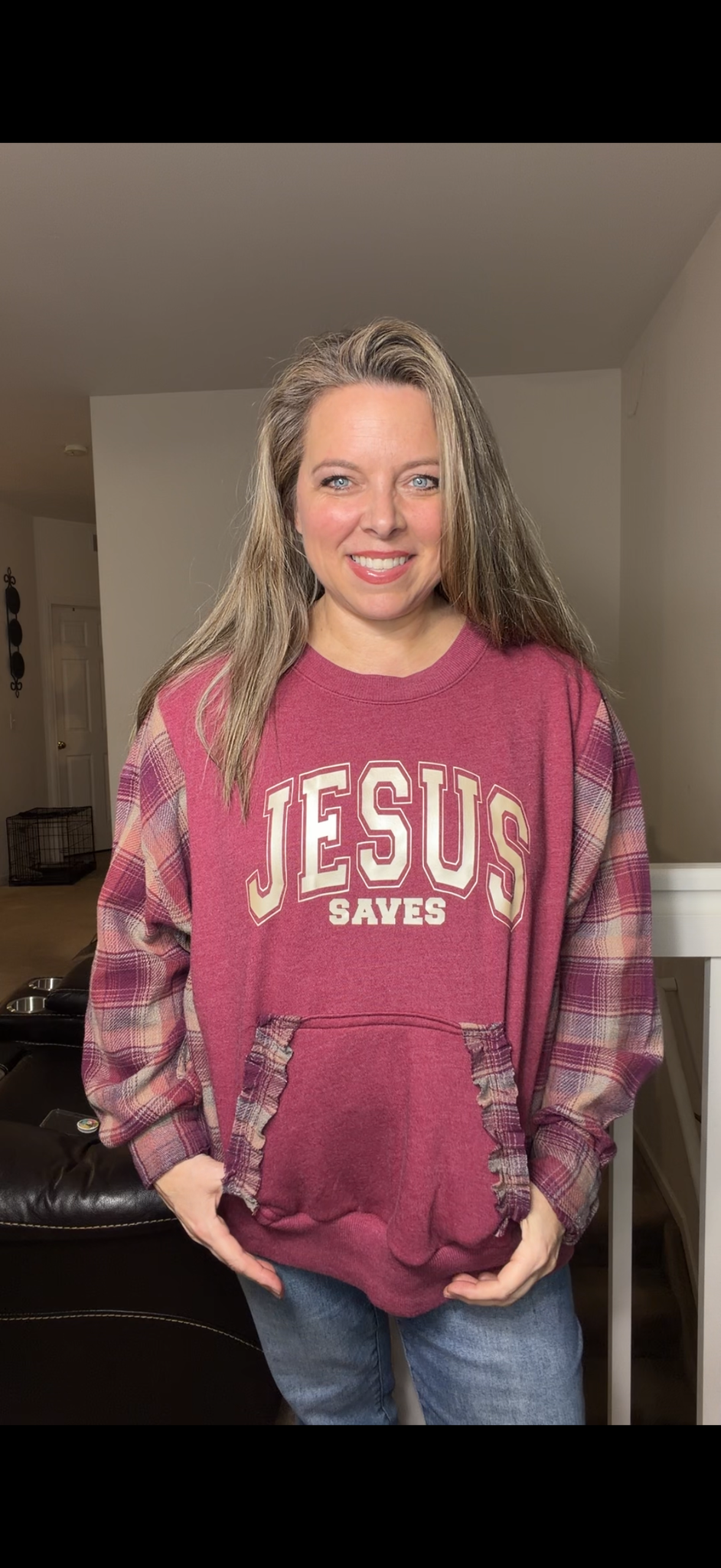 Upcycled Jesus Saves - women's 1X midweight sweatshirt with flannel sleeves