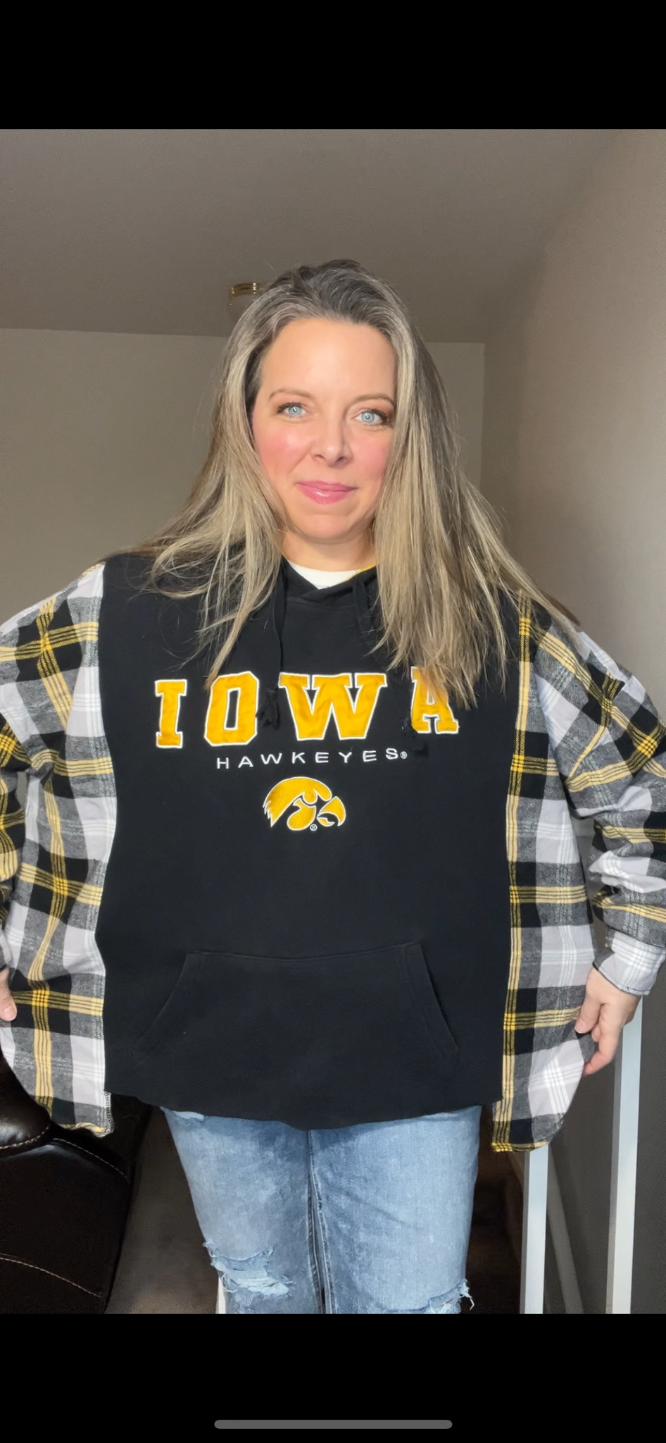 Upcycled Hawkeyes - Women’s large Dash thick sweatshirt with thick flannel sleeves – open bottom – band can be added￼