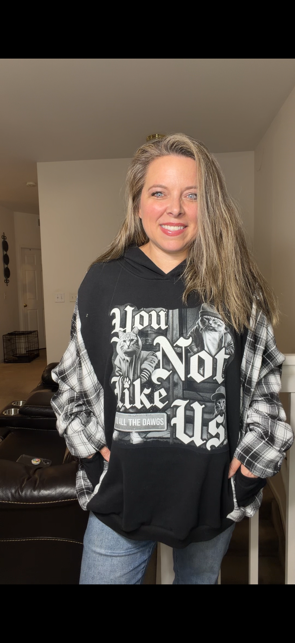 Upcycled Cats - women's 3X midweight sweatshirts with flannel sleeves