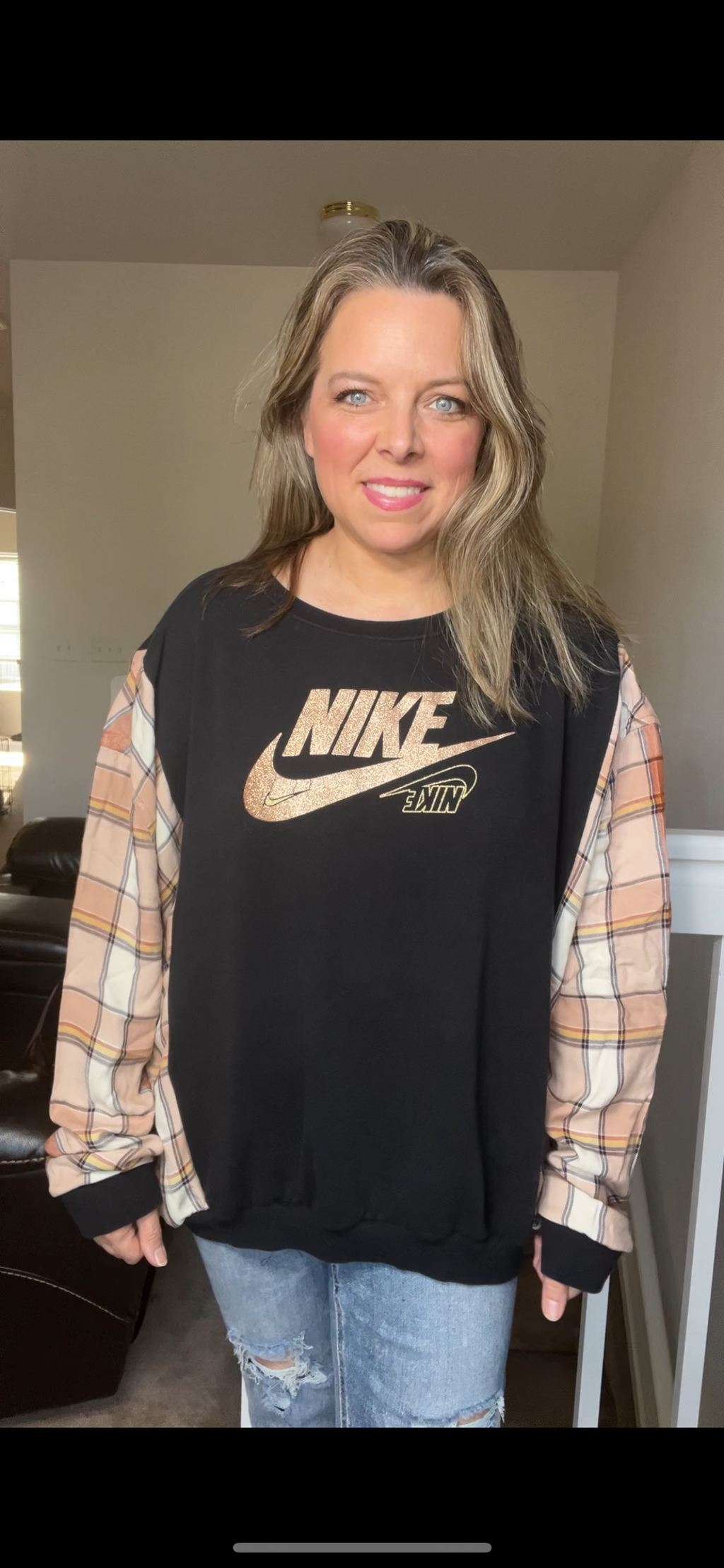 Upcycled Gold Nike – women’s XL/1X– midweight sweatshirt with soft flannel sleeves - some cracks in graphic