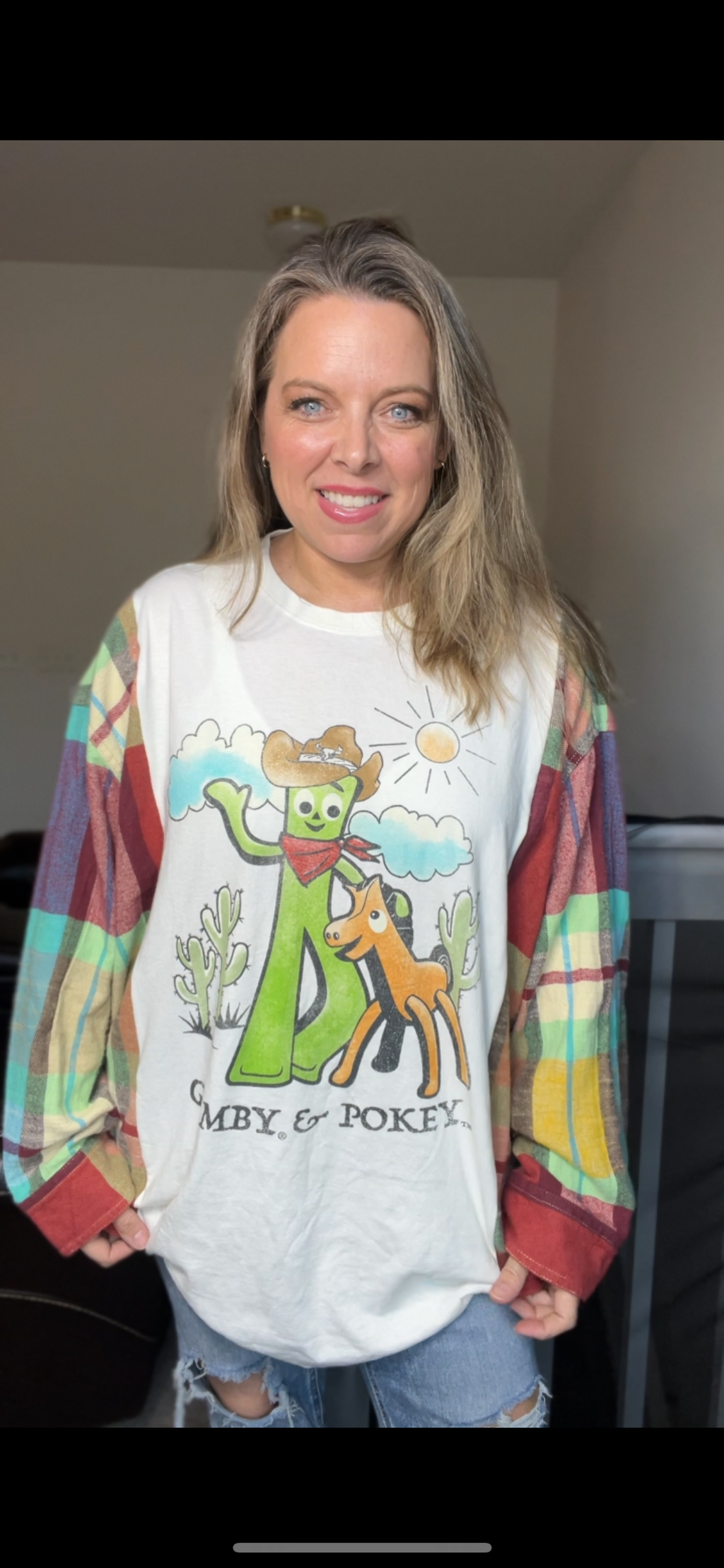 Upcycled Gumby – woman's 3X/4X T-shirts with thick flannel sleeves