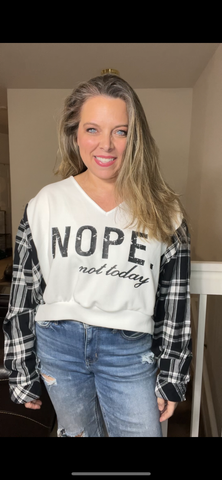 Upcycled Nope – women’s small crop shirt with flannel sleeves