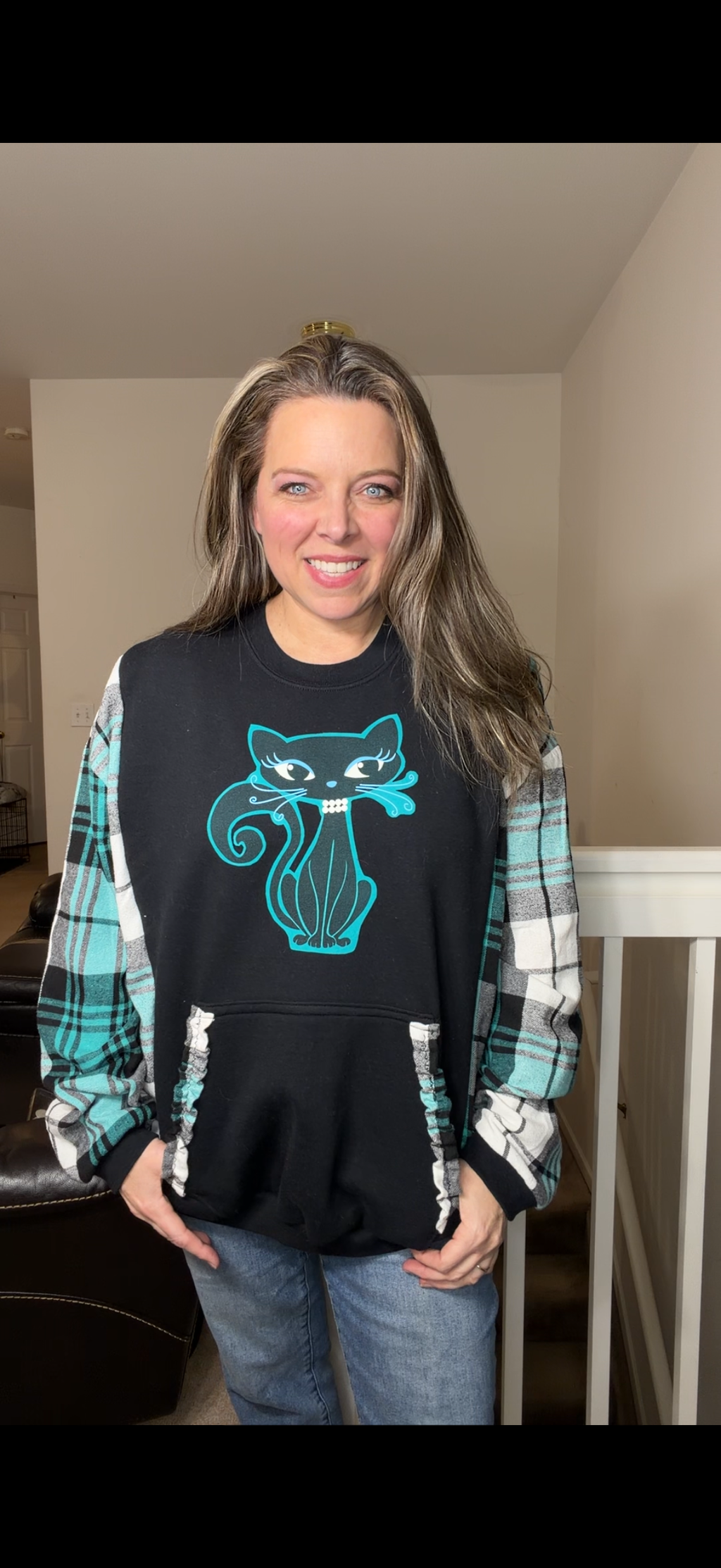 Upcycled Kitty - women's 2X midweight sweatshirt with flannel sleeves