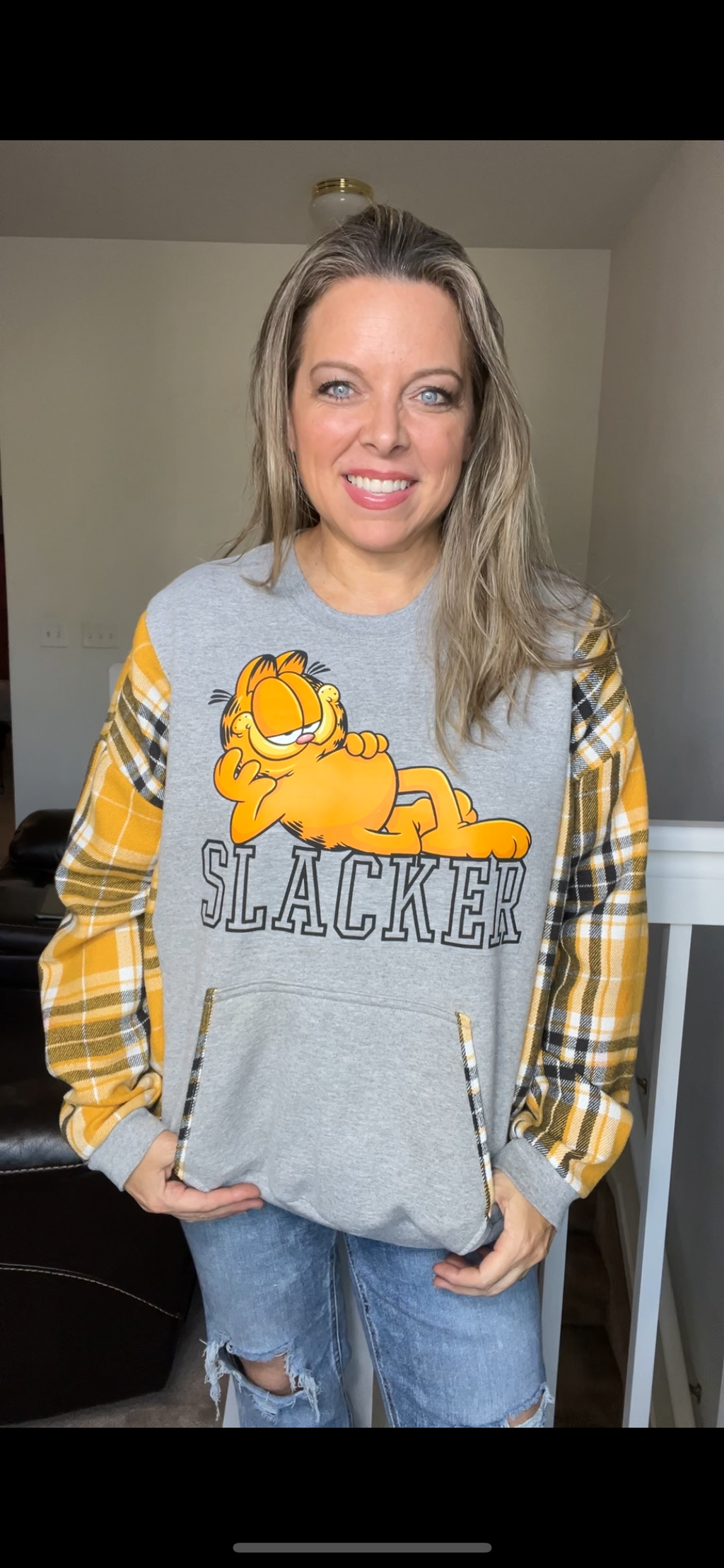 Upcycled Slacker – women’s large midweight sweatshirt with thick flannel sleeves