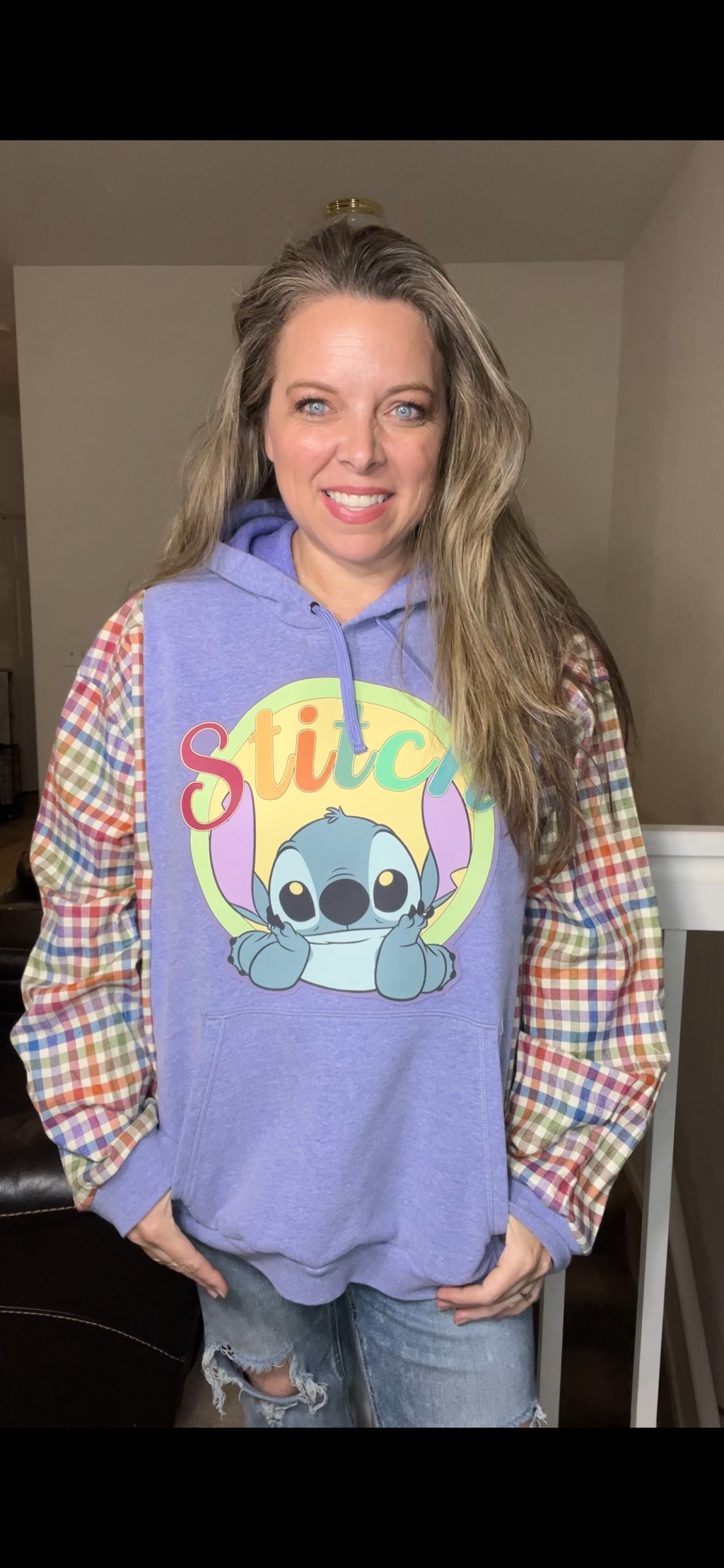 Upcycled Stitch – women’s 2X midweight sweatshirt with flannel sleeves