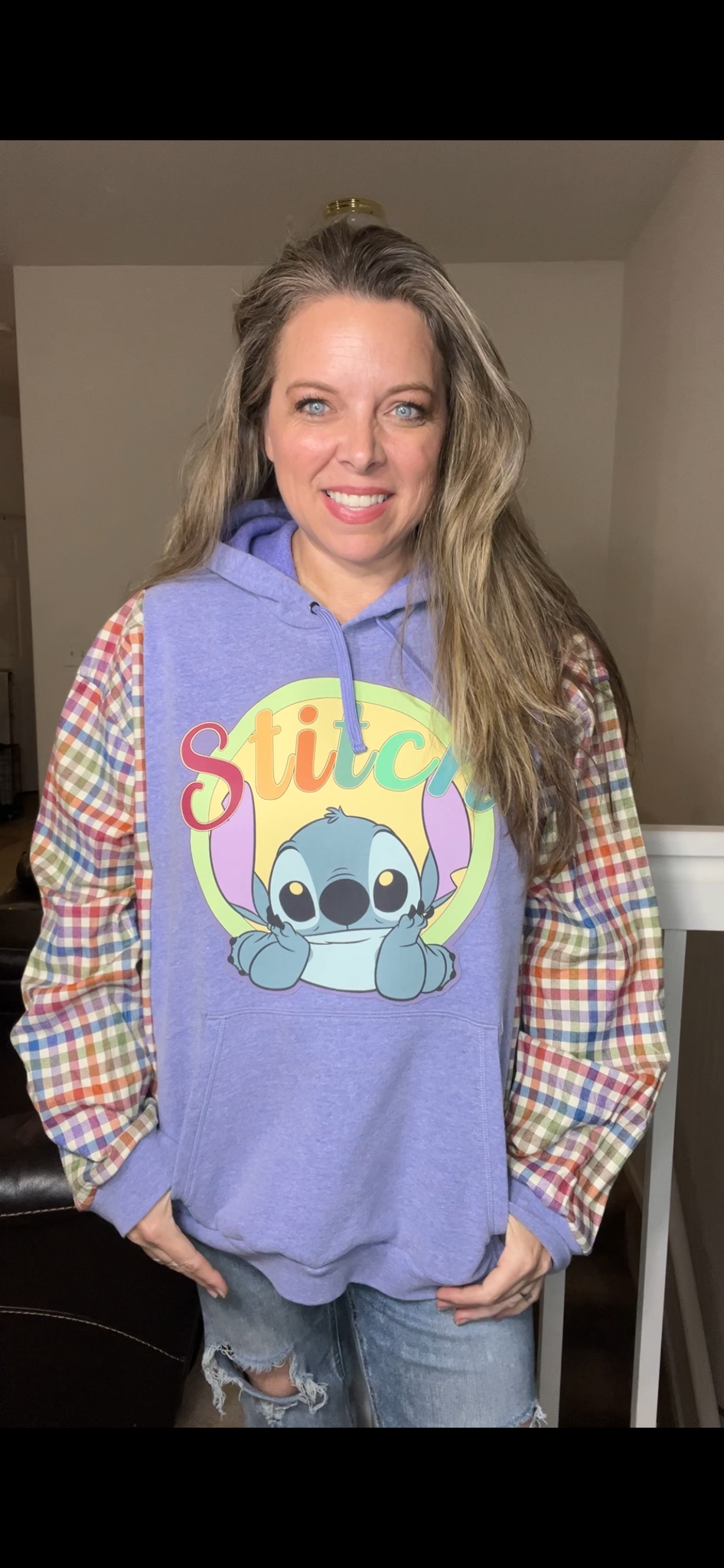 Upcycled Stitch – women’s 2X midweight sweatshirt with flannel sleeves